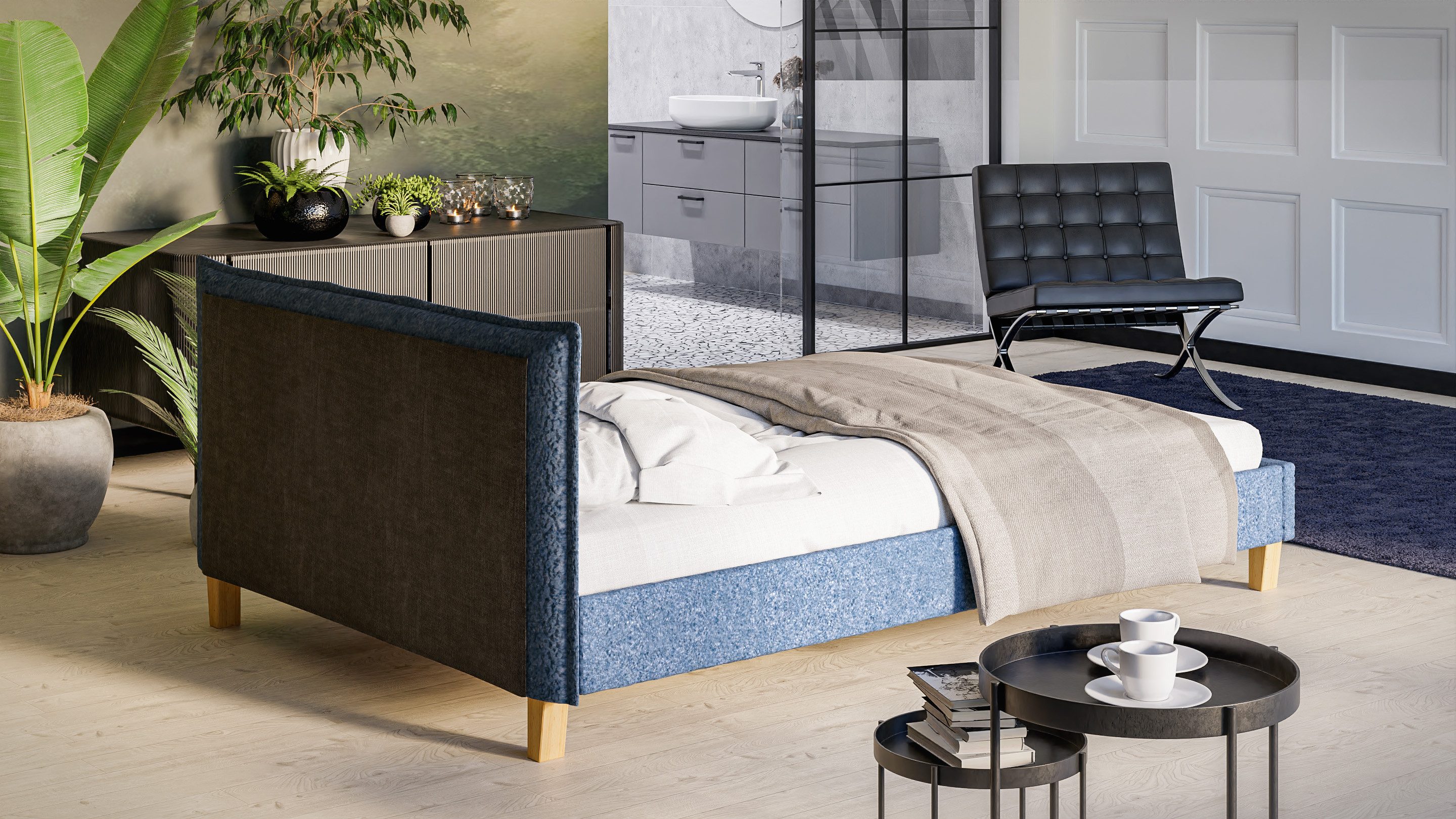 S-Style Möbel Polsterbett Salvatore, Boucle Stoff und Füße aus Massivholz, Hochelastischer Polyuretanschaum