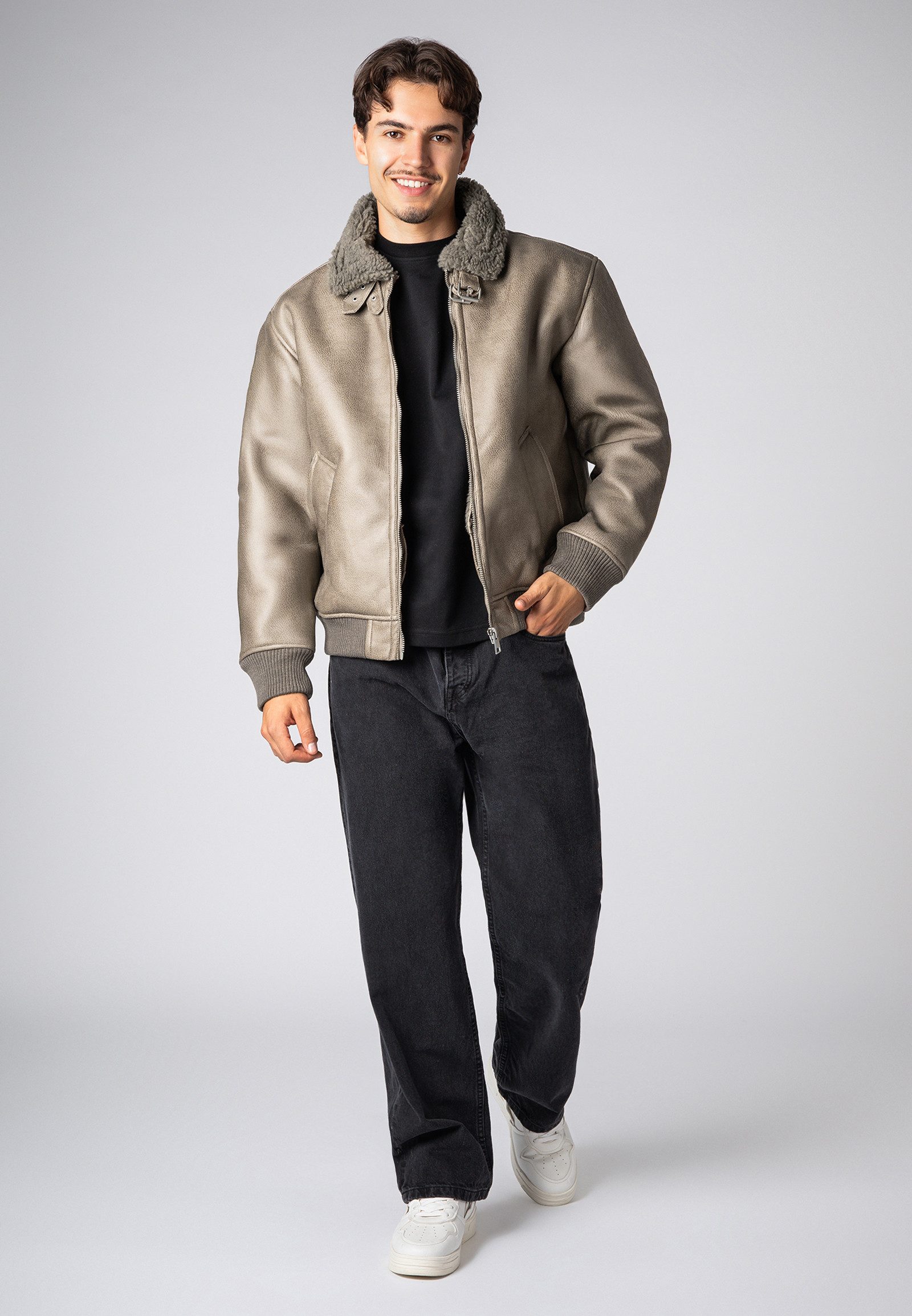 SUBLEVEL Winterjacke Herren Jacke aus Kunstleder mit Kunstfelleinsatz Kunstfellfutter und -kragen mit Schnallen