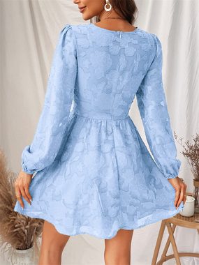 AFAZ New Trading UG Spitzenkleid Damen Kleid Spitzenkleid V Ausschnitt Knöpfen Langarm Floral Spitze A Linie Freizeitkleider Elegant Party Mini Dress