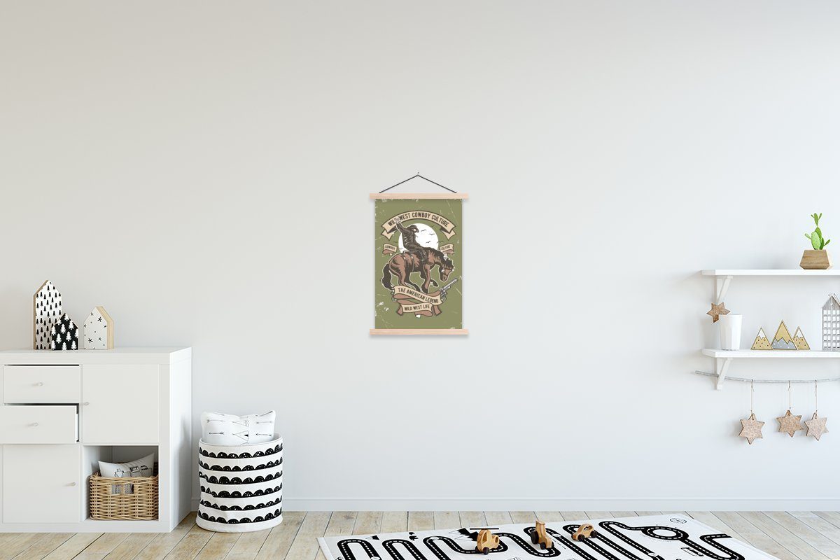 MuchoWow Poster Pferd - Cowboy - Vintage - Zeichnung, (1 St), Posterleiste, Textilposter für Wohnzimmer, Bilderleiste, Magnetisch