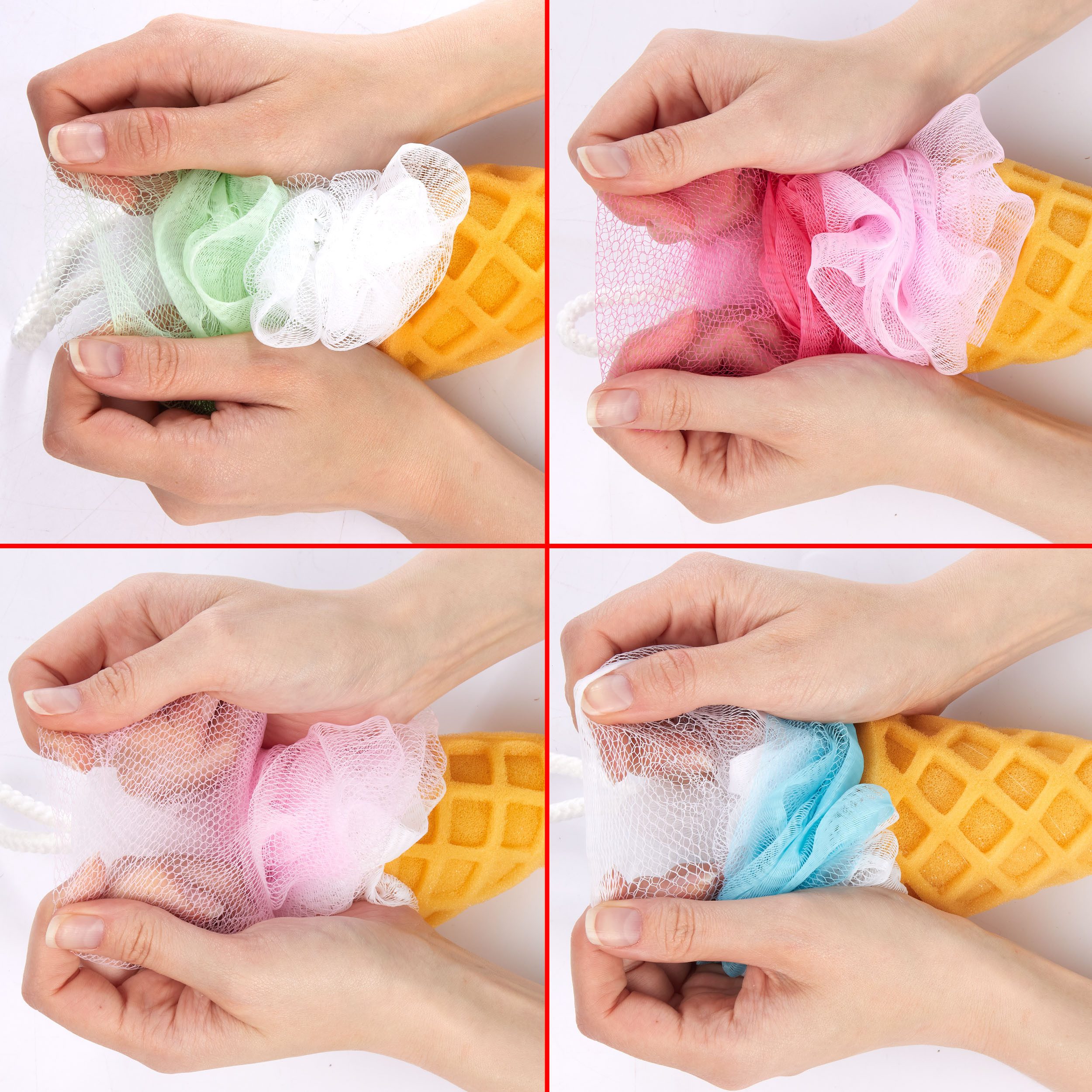 BRUBAKER Duschschwamm Badeschwamm Set Eis Waffel - 45 g Badeknäuel für Kinder und Erwachsene, 4-tlg., Körperreinigungsschwamm - Peeling Schwamm - Waffeleis Waschschwamm