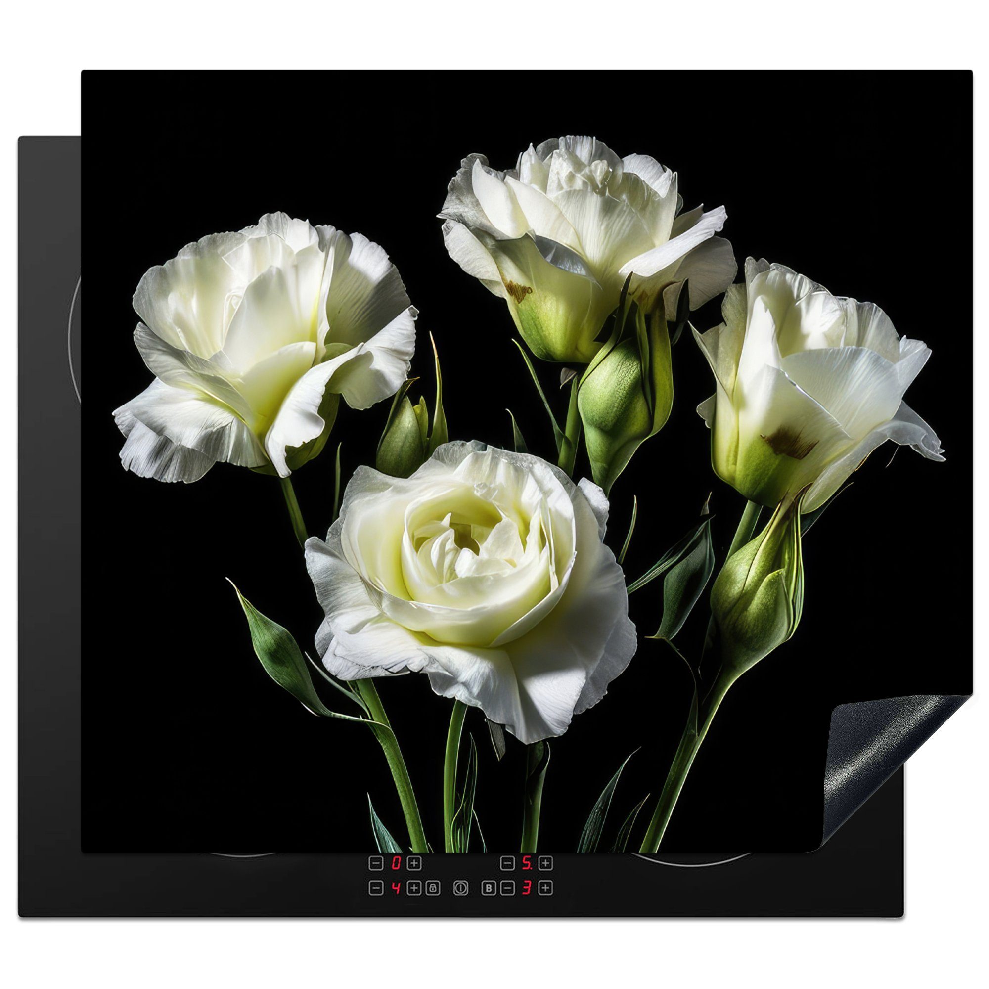 nutzbar, MuchoWow Herdblende-/Abdeckplatte Vinyl, - Schwarz, Mobile Weiß 60x52 Botanisch Ceranfeldabdeckung tlg), (1 - Arbeitsfläche - cm, - Rosen Blumen