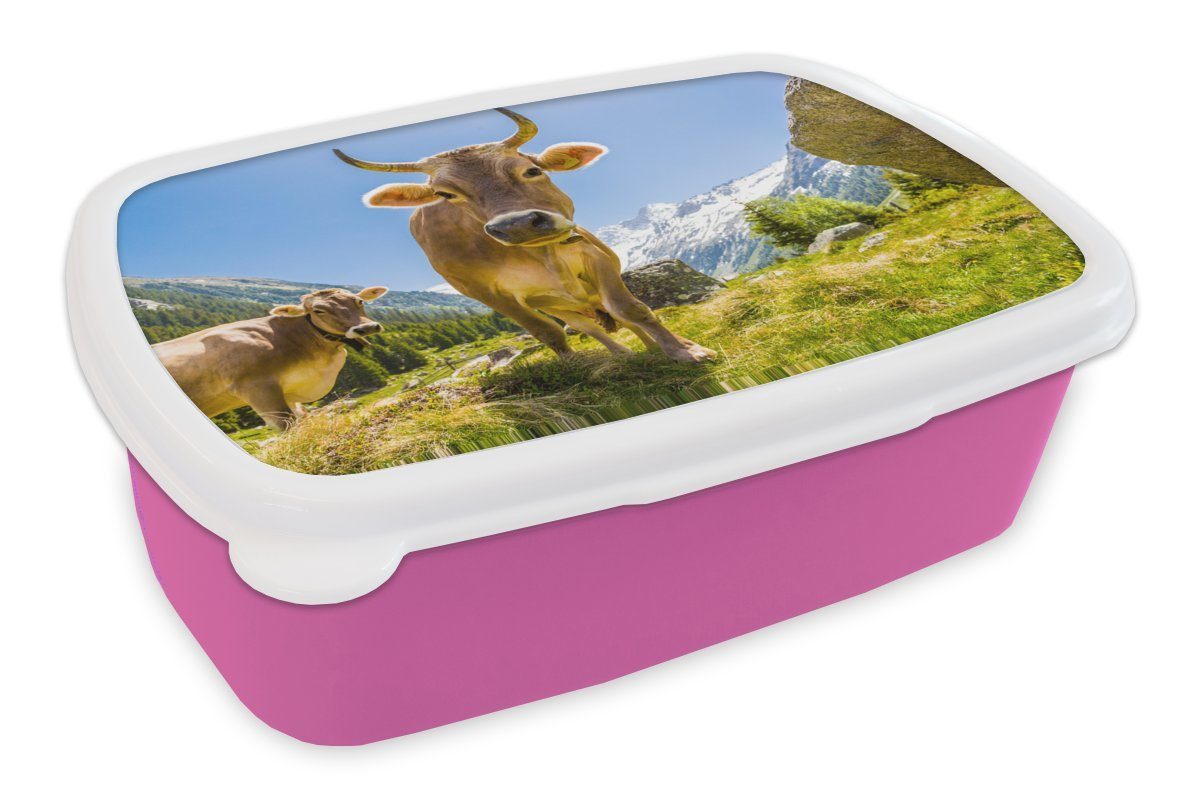 - - Erwachsene, Kunststoff MuchoWow Lunchbox Kunststoff, Brotdose Kinder, Brotbox rosa Snackbox, für Sonne (2-tlg), Kühe Mädchen, Österreich,