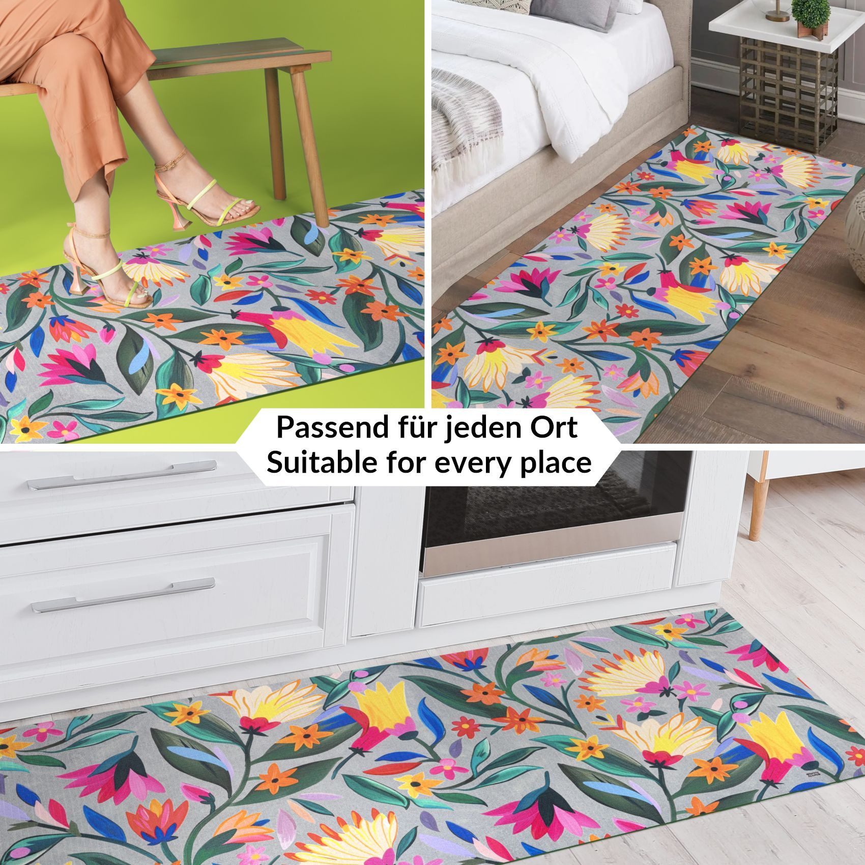 ANRO Küchenläufer RANNA pflegeleicht Teppichläufer Bodenmatte Flurläufer Küchenteppich, eckig, Höhe: 3 mm, Meterware rutschfest 100cm Einfach Bunt wasserdicht