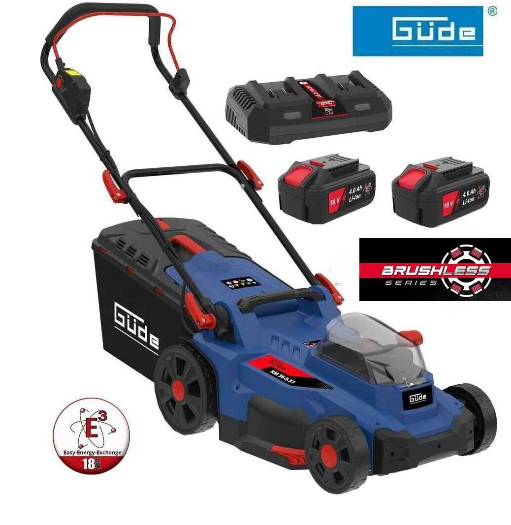 Güde Akkurasenmäher Rasenmäher RM 36/37 Brushless mit 2 x Akku 4.0 Ah und Doppelladegerät