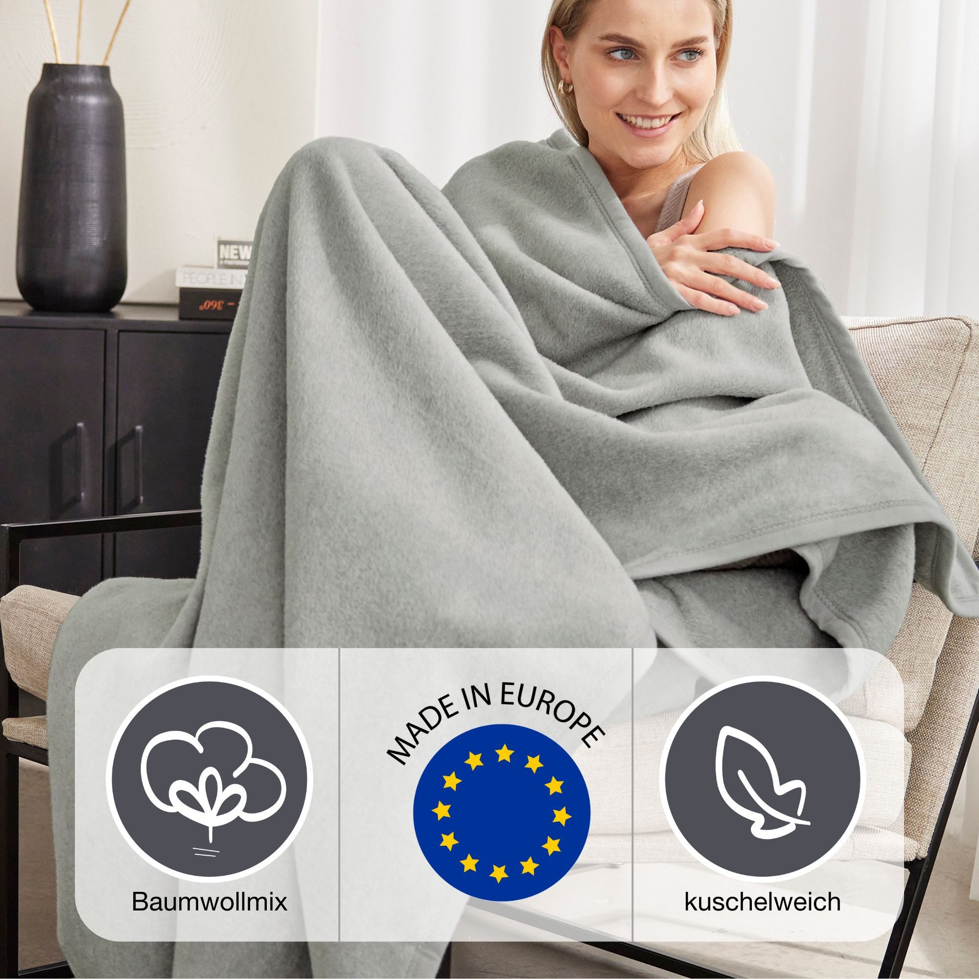 Wohndecke Luxus, IBENA, verschiedene Größen, uni, Kuscheldecke, Premium, made in Europe!