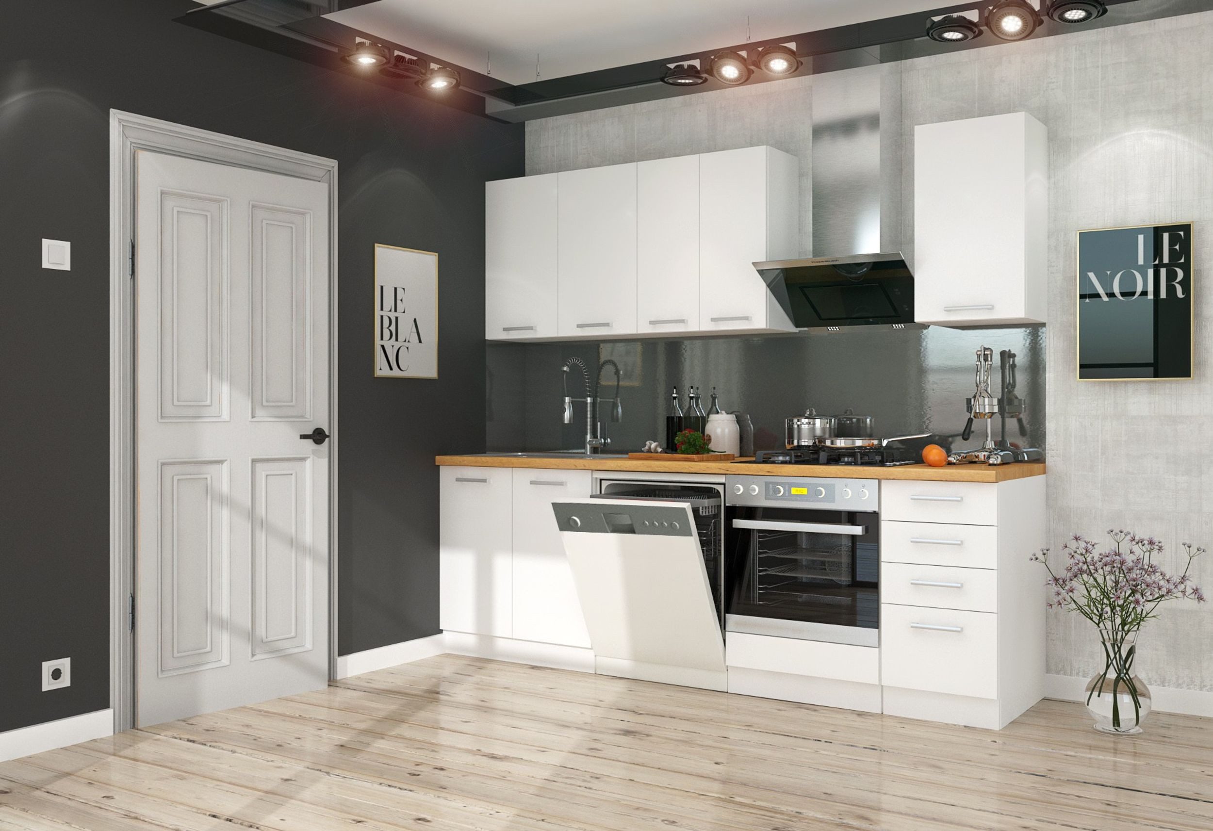 Küchenzeile Eko White Basic 240 cm weiß Küchenblock Einbauküche Singleküche Küche