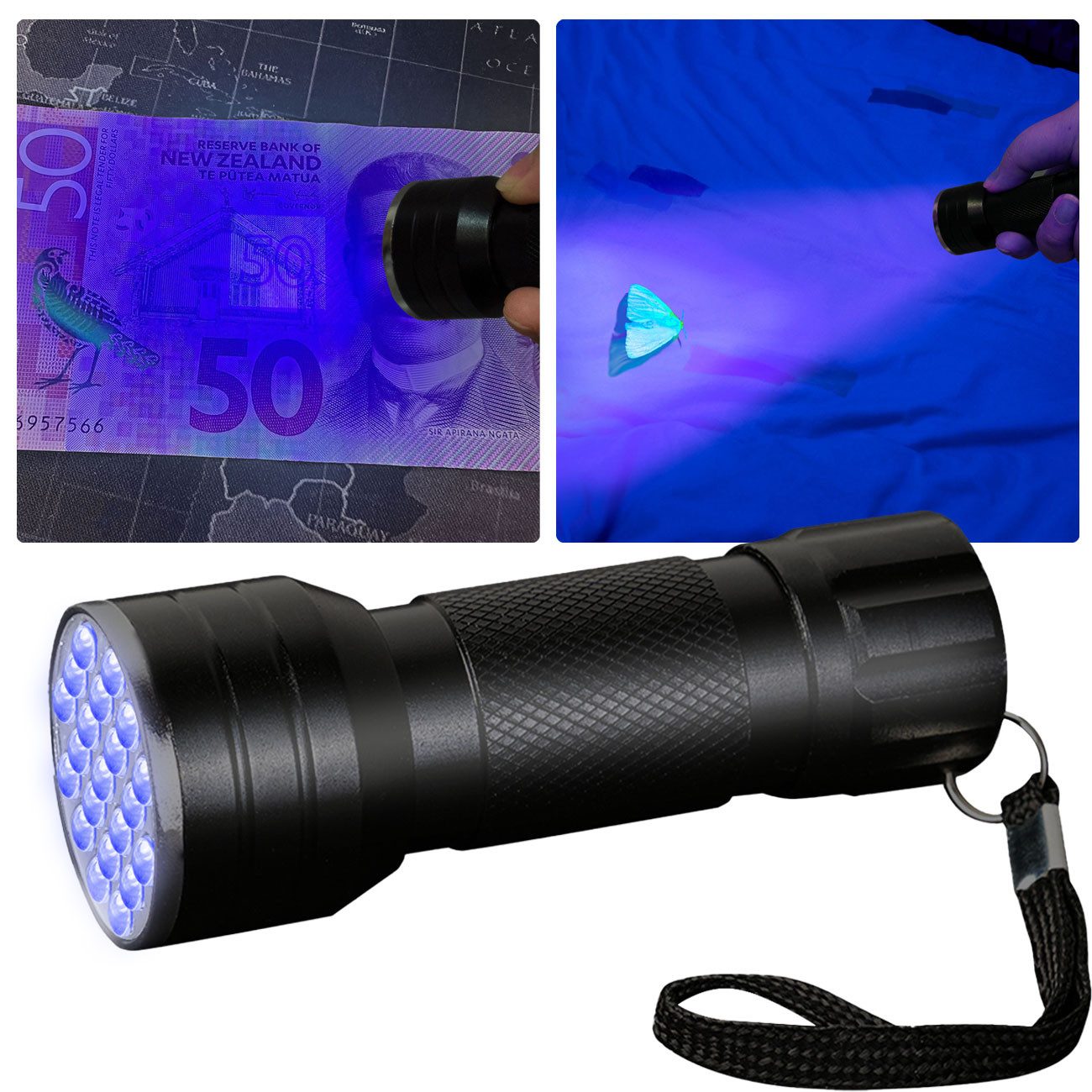 Casativo LED Taschenlampe 2in1 UV-Taschenlampe & Geldscheinprüfer/Ausweisprüfer 21 LEDs, 21 LEDs/395-400nm zur Echtheits- & Sauberkeitsprüfung, Batteriebetrieb