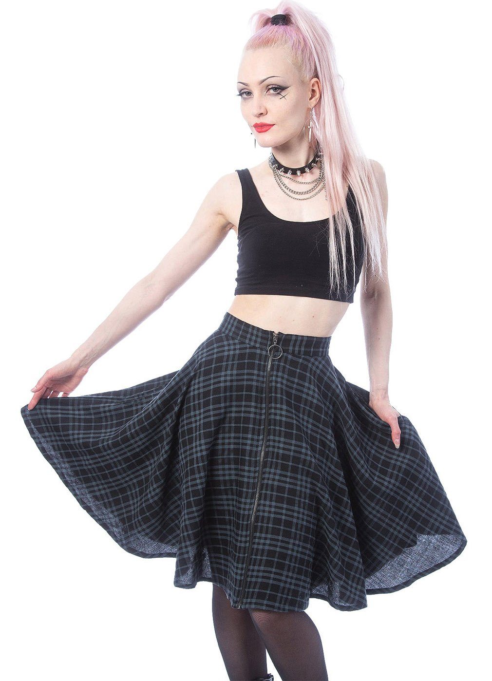 Heartless A-Linien-Rock Isadora Grau Kariert Punk Karo Goth Tartan A- Linie