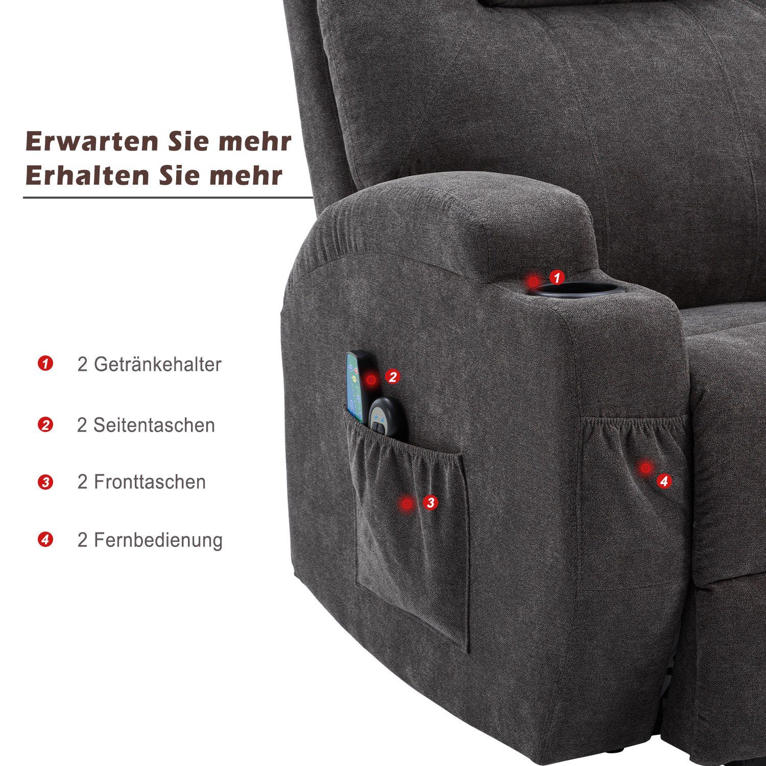 und Wärmefunktion Vibrationsmassage, Dunkelgrau relaxfunktion, und Fernbedienung Massagesessel TV-Sessel Merax mit USB