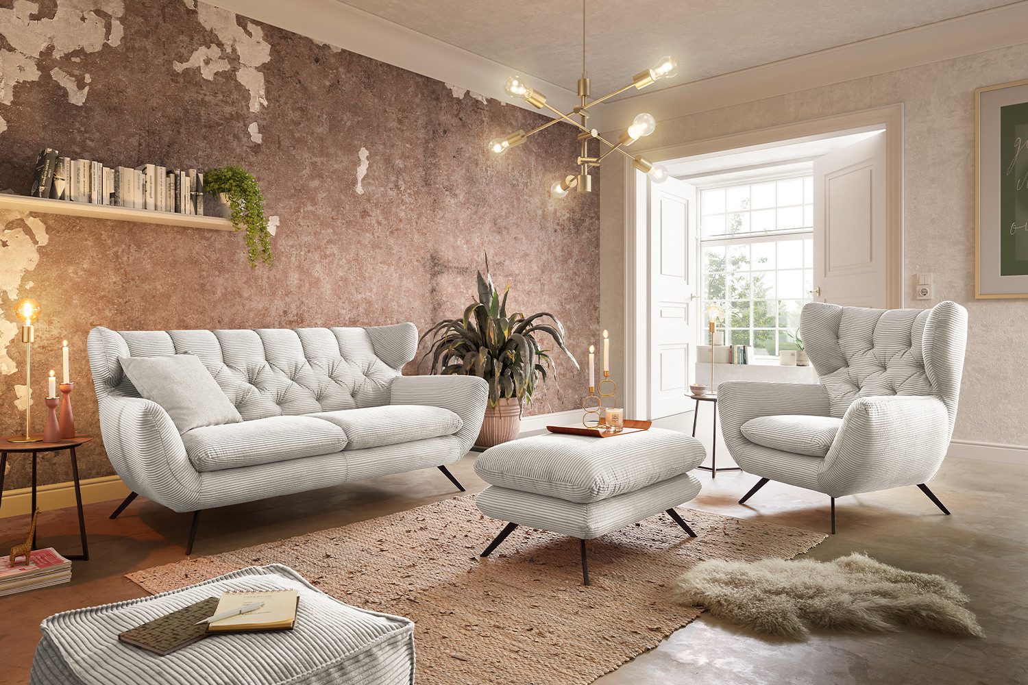 KAWOLA Sitzgruppe CHARME, (Set, 3-tlg), Sofa Sessel Hockerbank Cord verschiedene Цвета(ов)