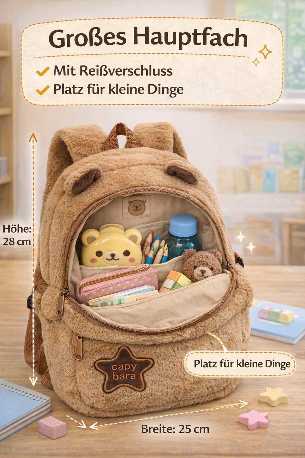 soma Schulrucksack Plüsch Kinder Rucksack Capybara braun mit Frontfach Reißverschluss (Set, 1-tlg., Geschenk-Set), Flauschiger Kinder Rucksack mit Capybara Motiv und zwei Fächern