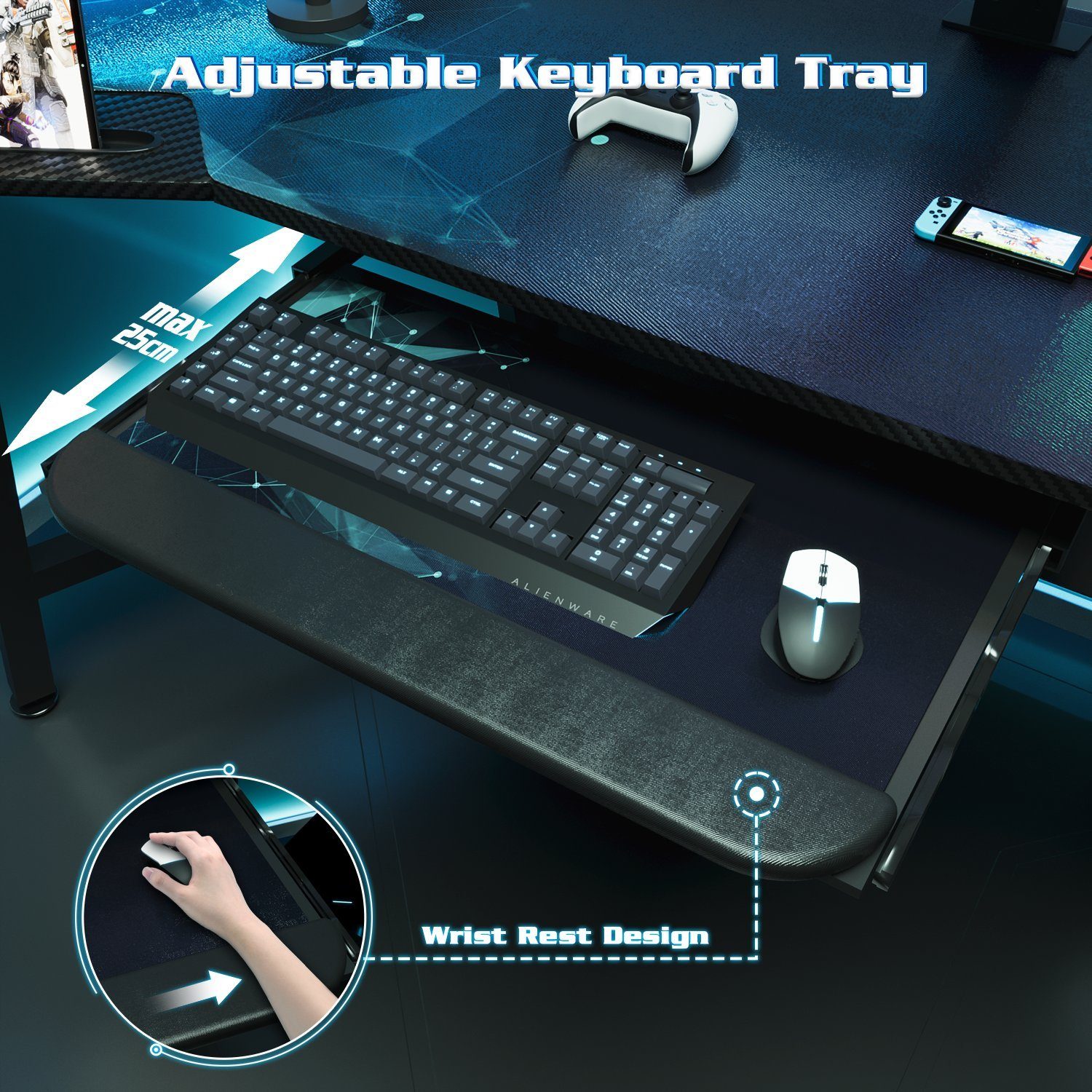 HOMALL Gamingtisch Gaming Tisch Tastaturablage mit 180cm LED Computertisch mit