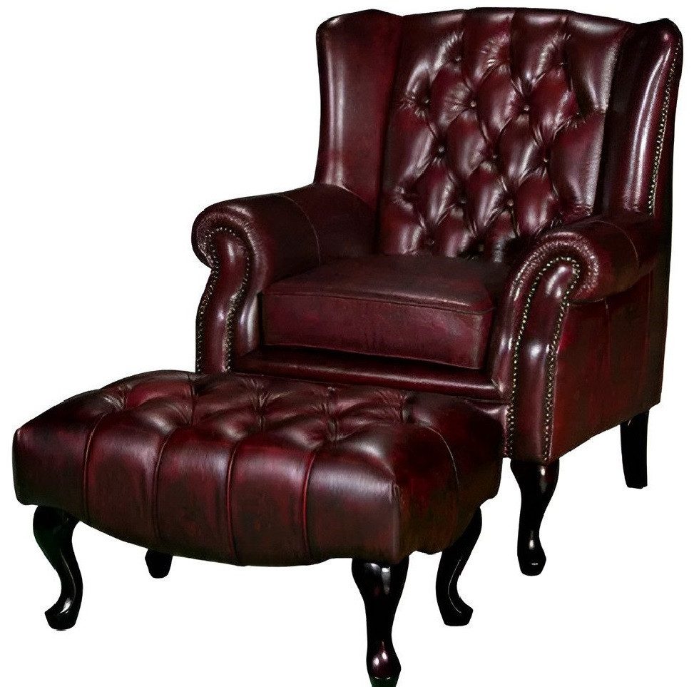Xlmoebel Ohrensessel Chesterfield Ohrensessel mit Hocker aus Leder und Textil, elegant (CHESTERFIELD OHRENSESSEL + HOCKER), Hergestellt in Europa