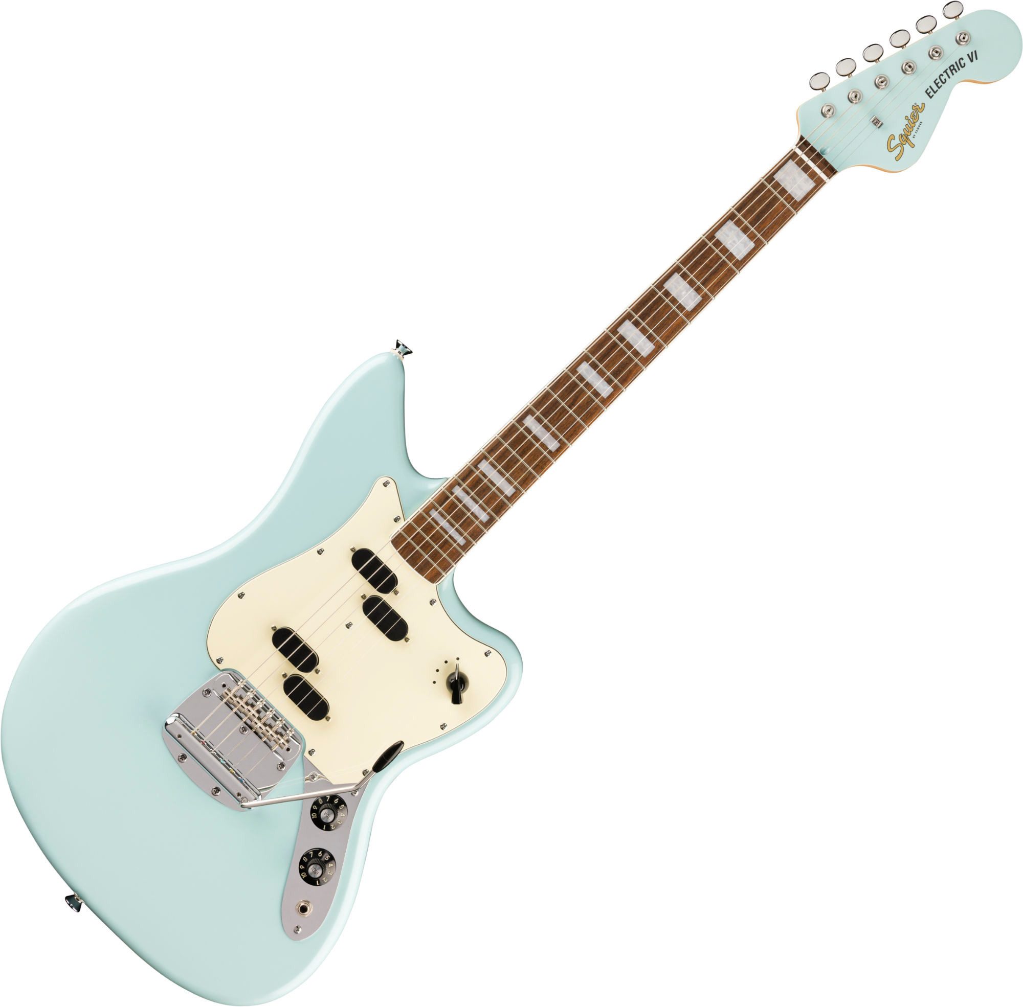 Squier E-Gitarre Paranormal Electric VI Daphne Blue, Bass VI, 6-saitige Bass-Gitarre mit Lorbeer-Griffbrett