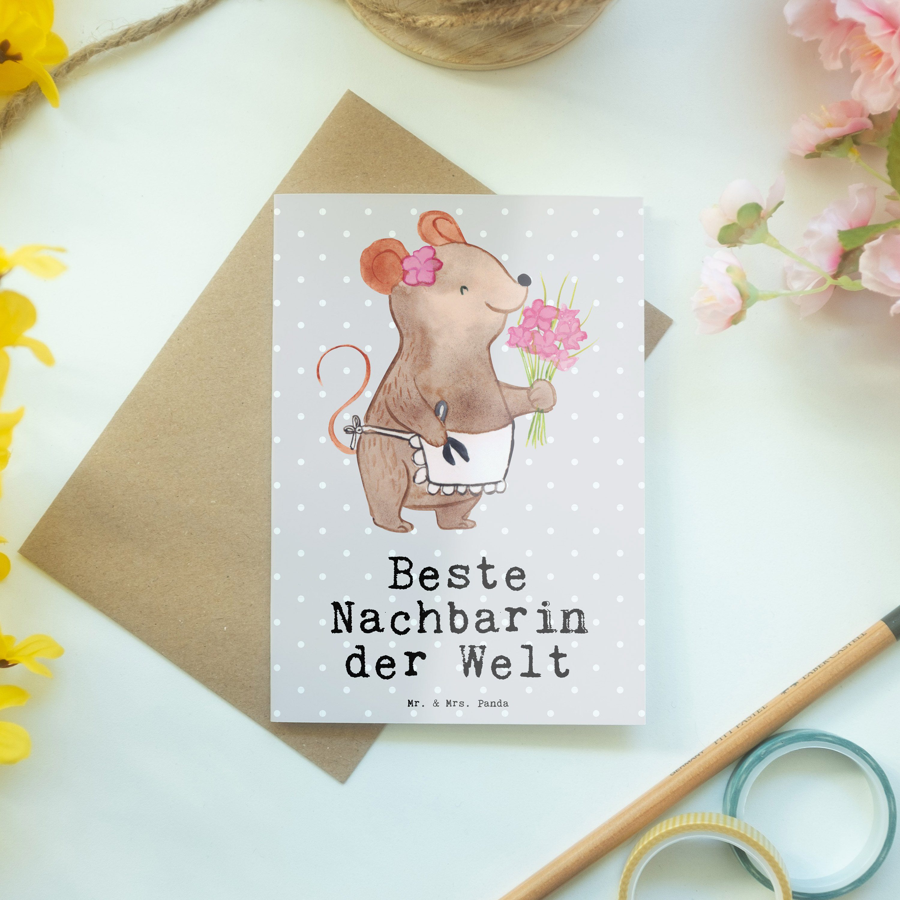 Pastell Maus Klappkarte Grußkarte Mr. Grau Panda Beste - Nachbarin der - Mrs. Geschenk, & Welt