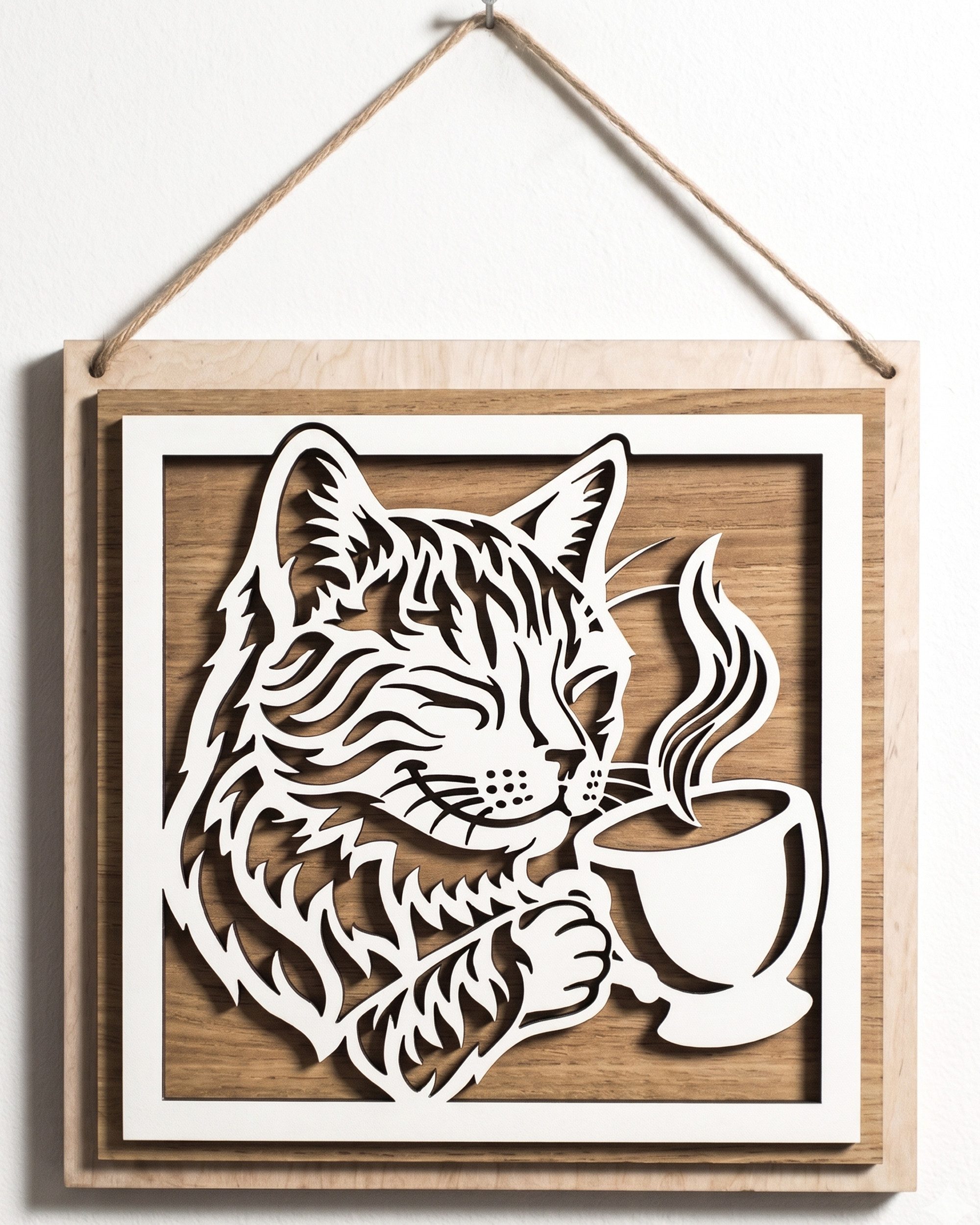 ORNAMENTI Wanddekoobjekt Küchenwanddeko aus Holz,Katze mit Kaffee,Geschenk für Kaffeeliebhaber (Hingucker, Rustikale Wandbild, Holzbild, Holzdeko, stilvolle Wanddekoration, Wandpaneel, Ornament, Wandrelief), Verzierung fur Zuhause, Wandkunst, Dekorative Skulptur