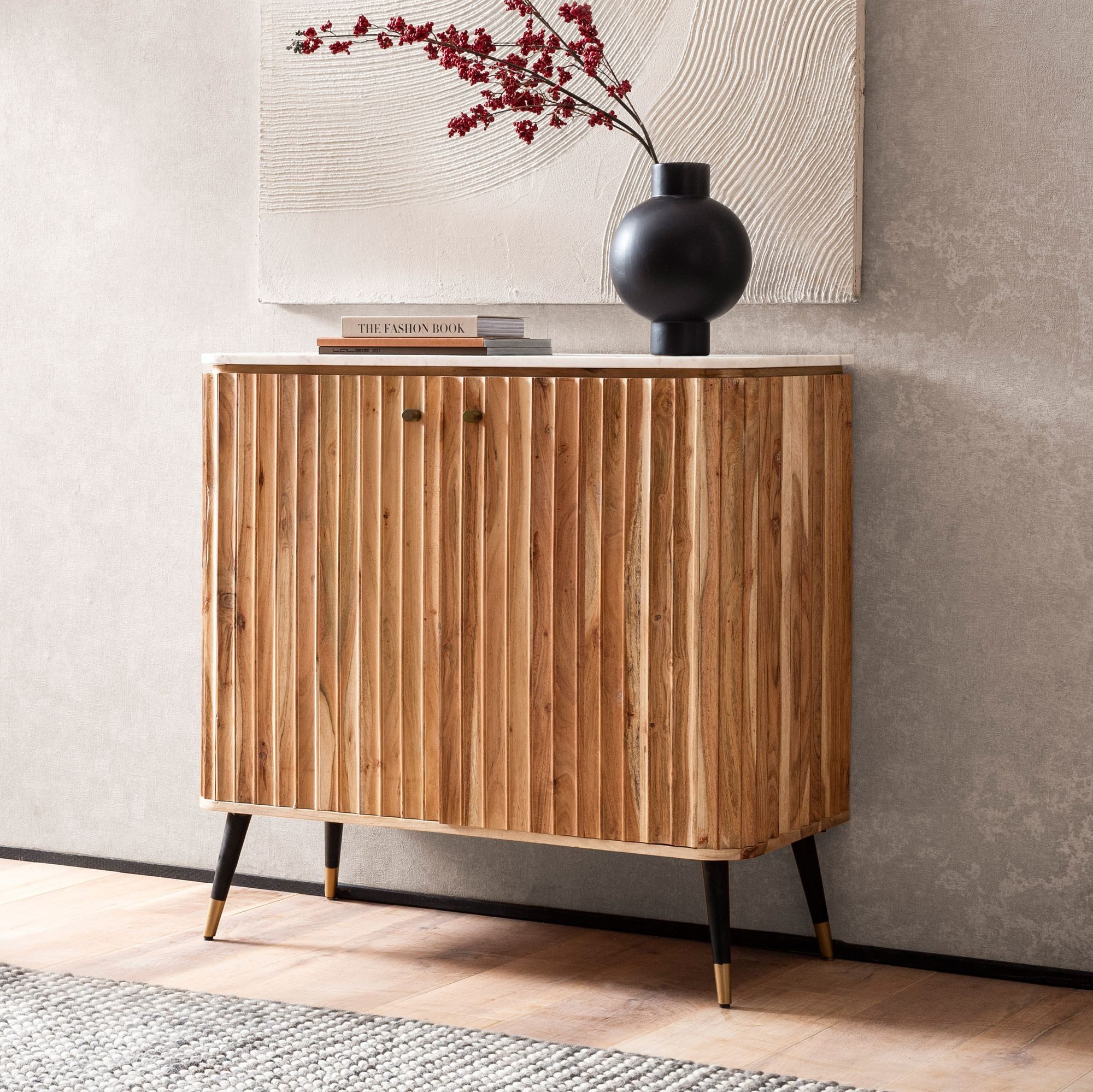 FINEBUY Barschrank FB105236 Massivholz Hausbar Akazie Natur 95cm mit echtem weißen Marmor (Weinbar Echter Marmor, Barschrank, Bar Buffet) Hausbar Akazie Massivholz 95x90x41 cm mit Türen