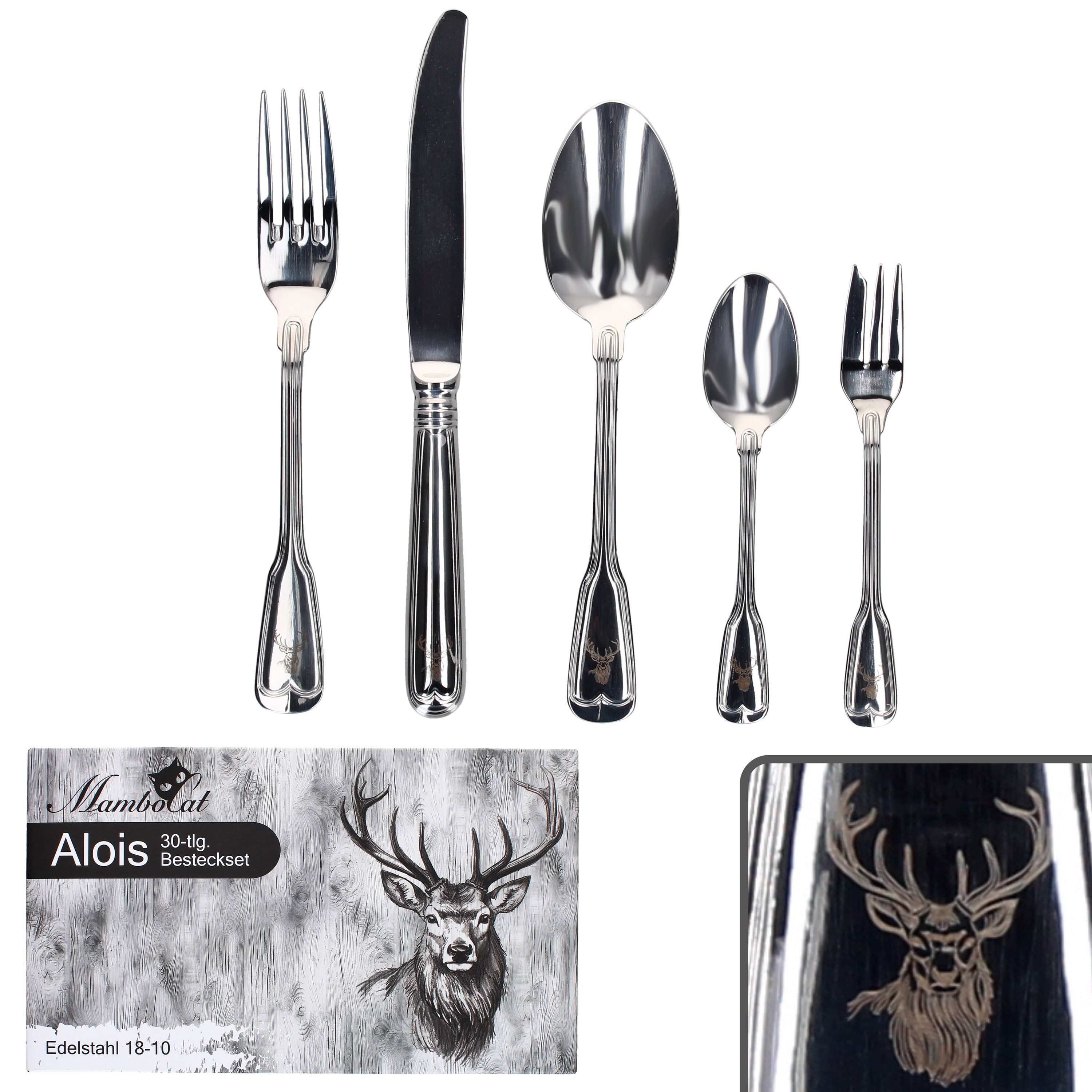 MamboCat Besteck-Set 30tlg Alois Komplett-Besteck-Set 6 Personen Edelstahl Hirsch, Edelstahl