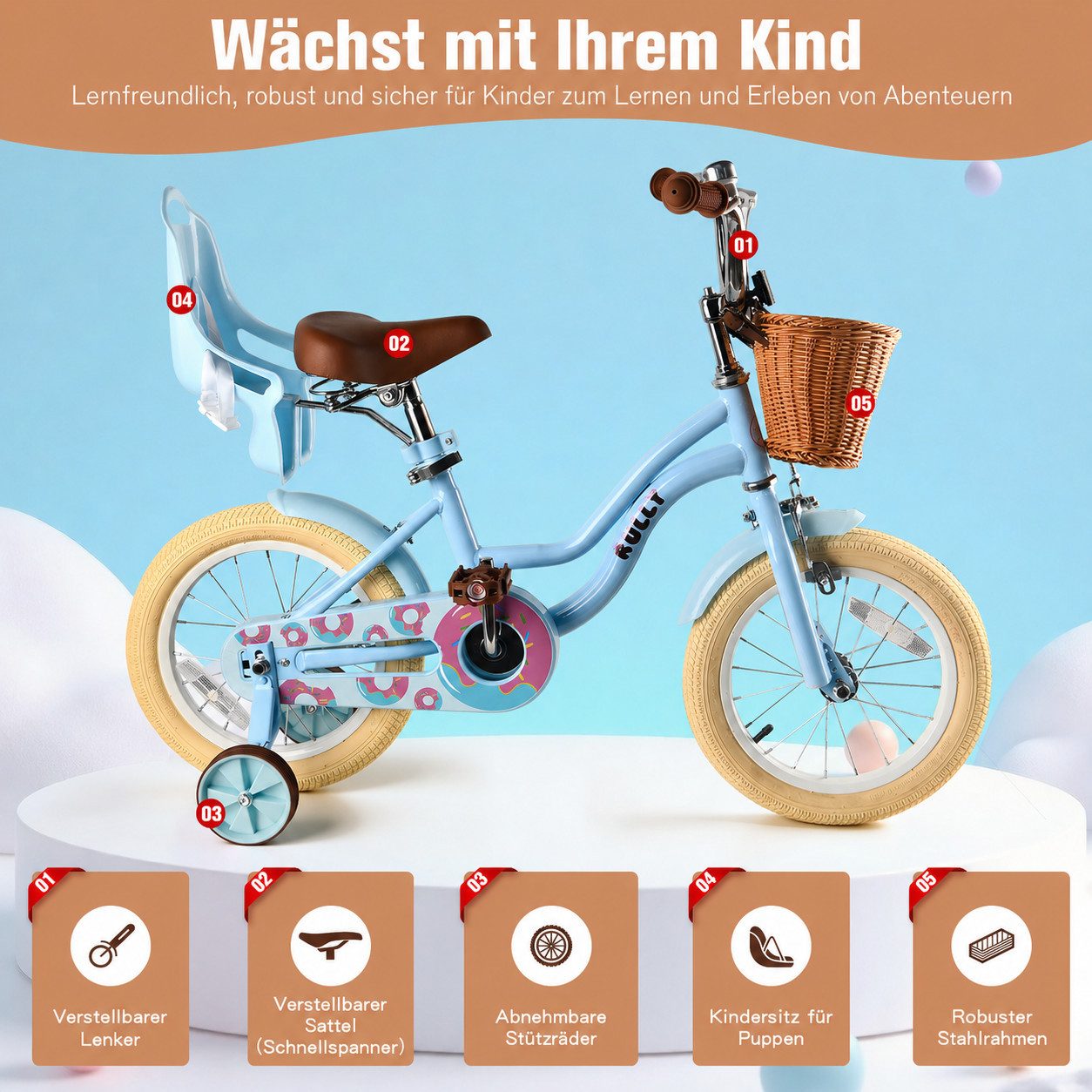RULLY Kinderfahrrad Kinderfahrrad für Mädchen 12/14/16 Zoll, 2–7 Jahre, 1 Gang, Inkl. Korb, Puppensitz, Stützrädern, Schutzblechen & Klingel