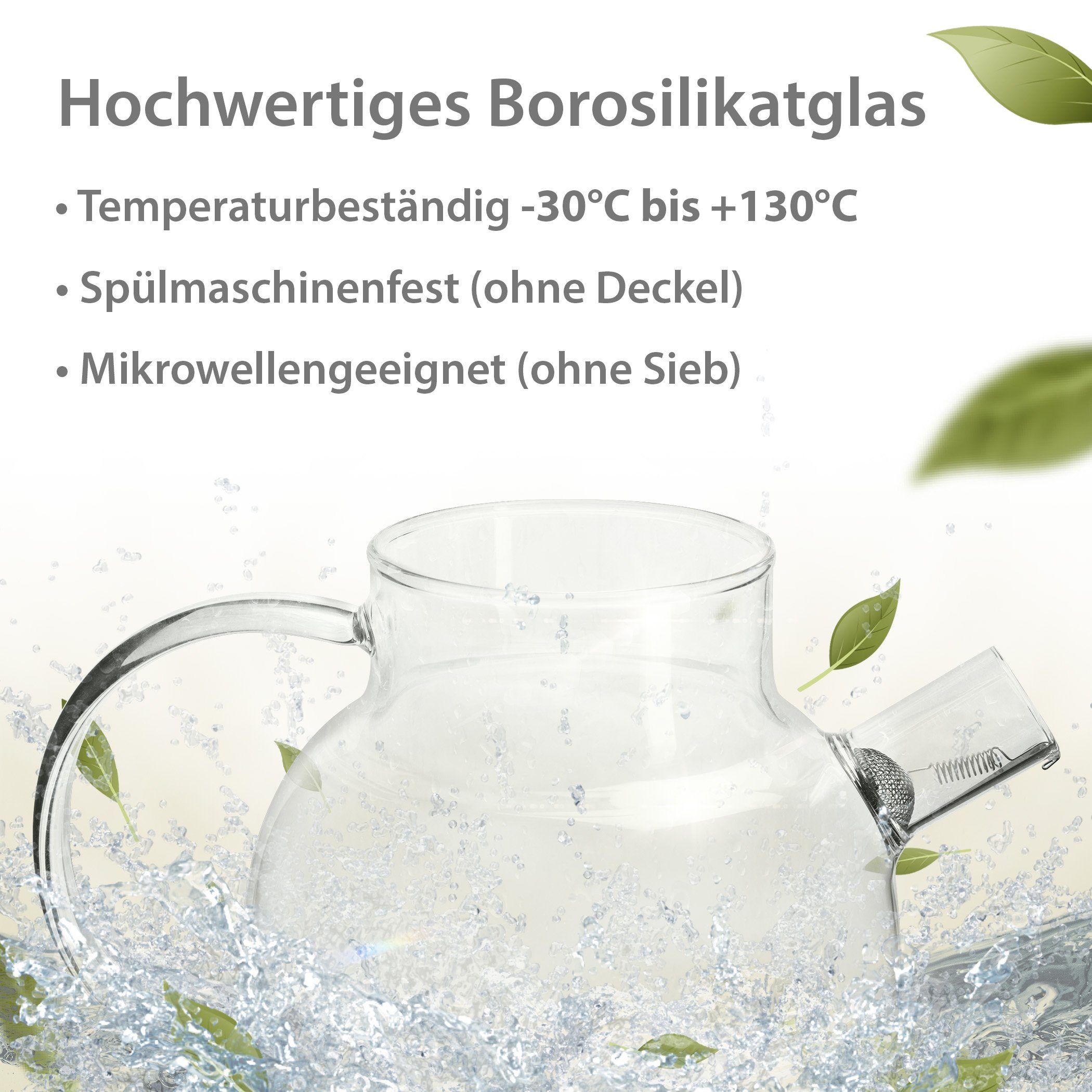 Impolio Teekanne Glas Teekanne Holzdeckel, Hitzebeständiger & Edelstahl-Filter Griff