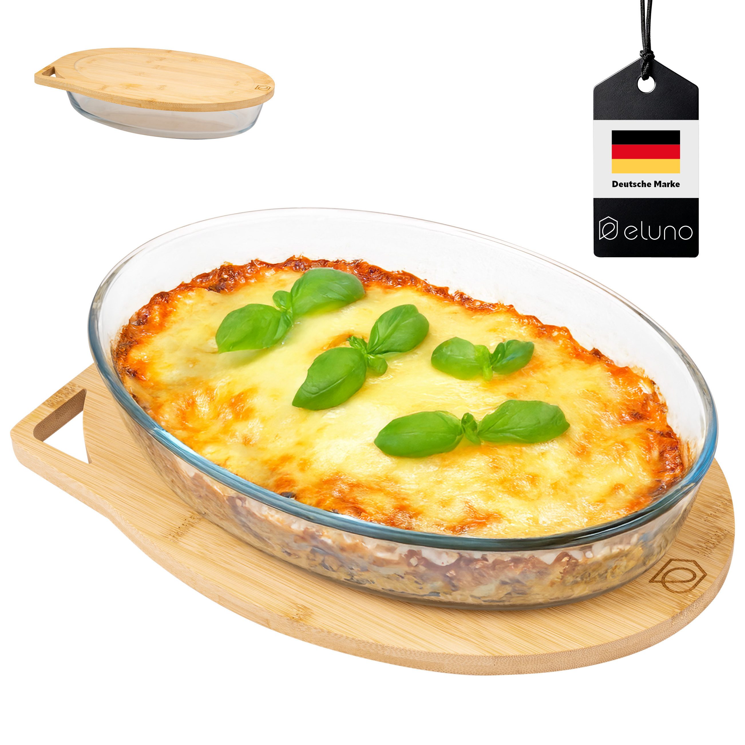 eluno Glas-Auflaufform inklusive Deckel aus Bambus, 3 Liter Servierbrett, Glas, (1-St), mit Bambusdeckel