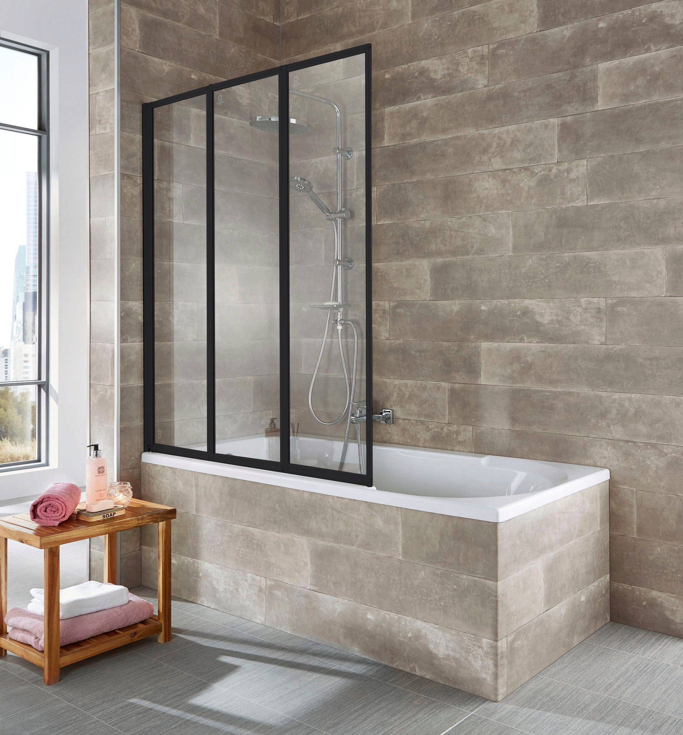 welltime Badewannenaufsatz Nassau, Einscheibensicherheitsglas, (3 tlg), Badewannenfaltwand, Spritzschutzwand für Badewanne, Glaswand