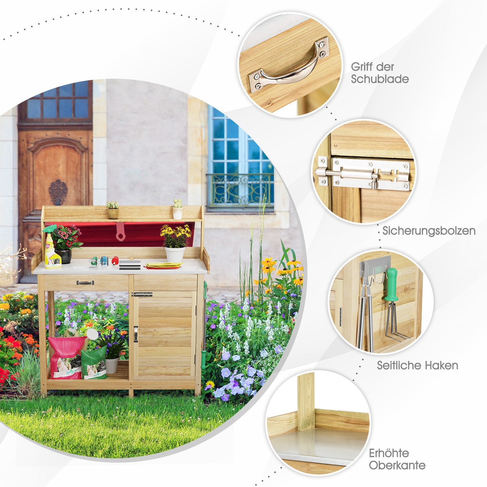 KOMFOTTEU Pflanztisch, Gärtnertisch mit Unterschrank & Schublade