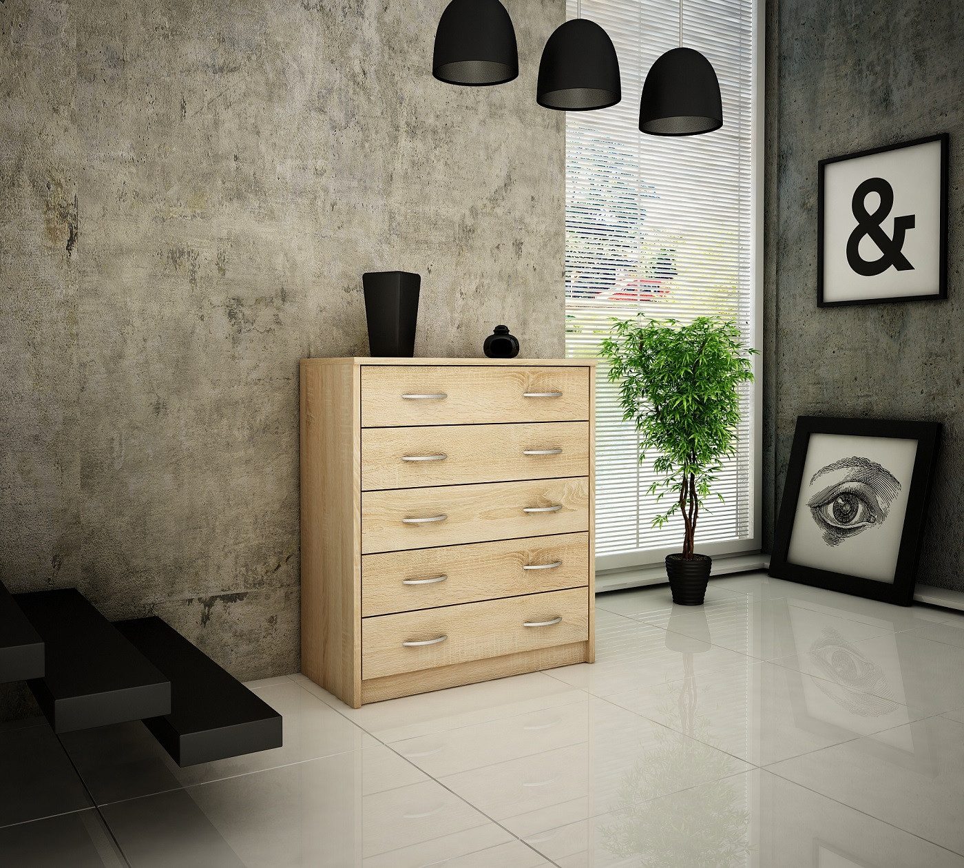 Home Collective Kommode mit 5 Schubladen mit matter Oberfläche, Kommode 74cm breit Holz (Schlafzimmer Wohnzimmer Flur Büro Organizer, Metallrollen mit Auszugsstopp), Schrank Kommode mit Schubladen Sideboard Highboard Anrichte Sonoma