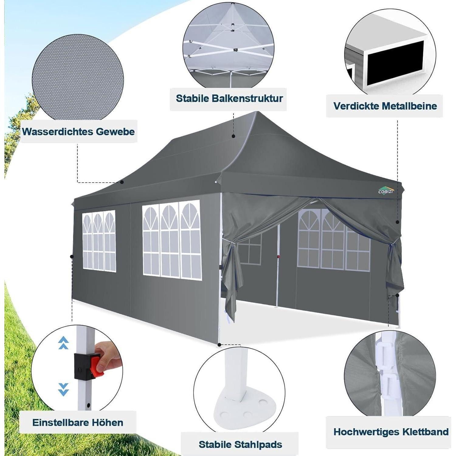 COBIZI Faltpavillon Faltpavillon 3x6m Wasserdicht Stabil Partyzelt Anti-UV 6 Seitenteile