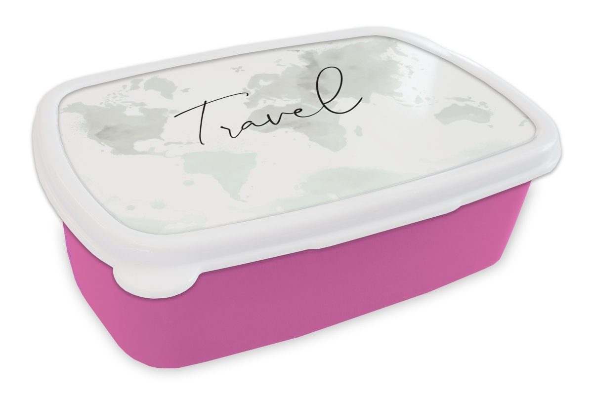 Kunststoff Kunststoff, - Weltkarte Erwachsene, Schwarz Brotbox MuchoWow Brotdose Aquarell (2-tlg), rosa für - - Kinder, Mädchen, Weiß, Lunchbox Snackbox,