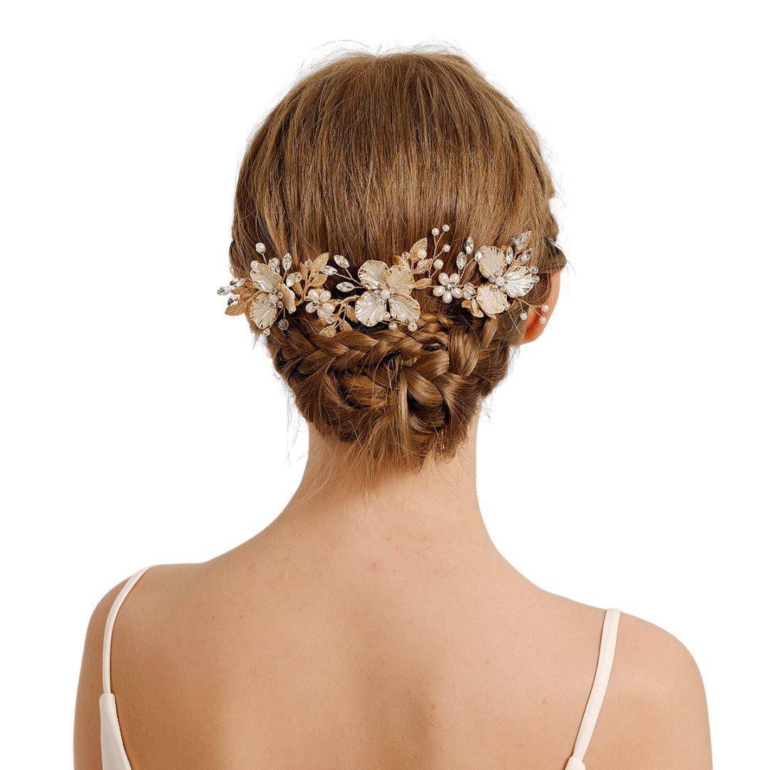 The Beauty House Diadem Brauthaarschmuck Haarkamm Hochzeit Brautschmuck Brauthaarkamm, aus Metall mit Perlen und Blumen