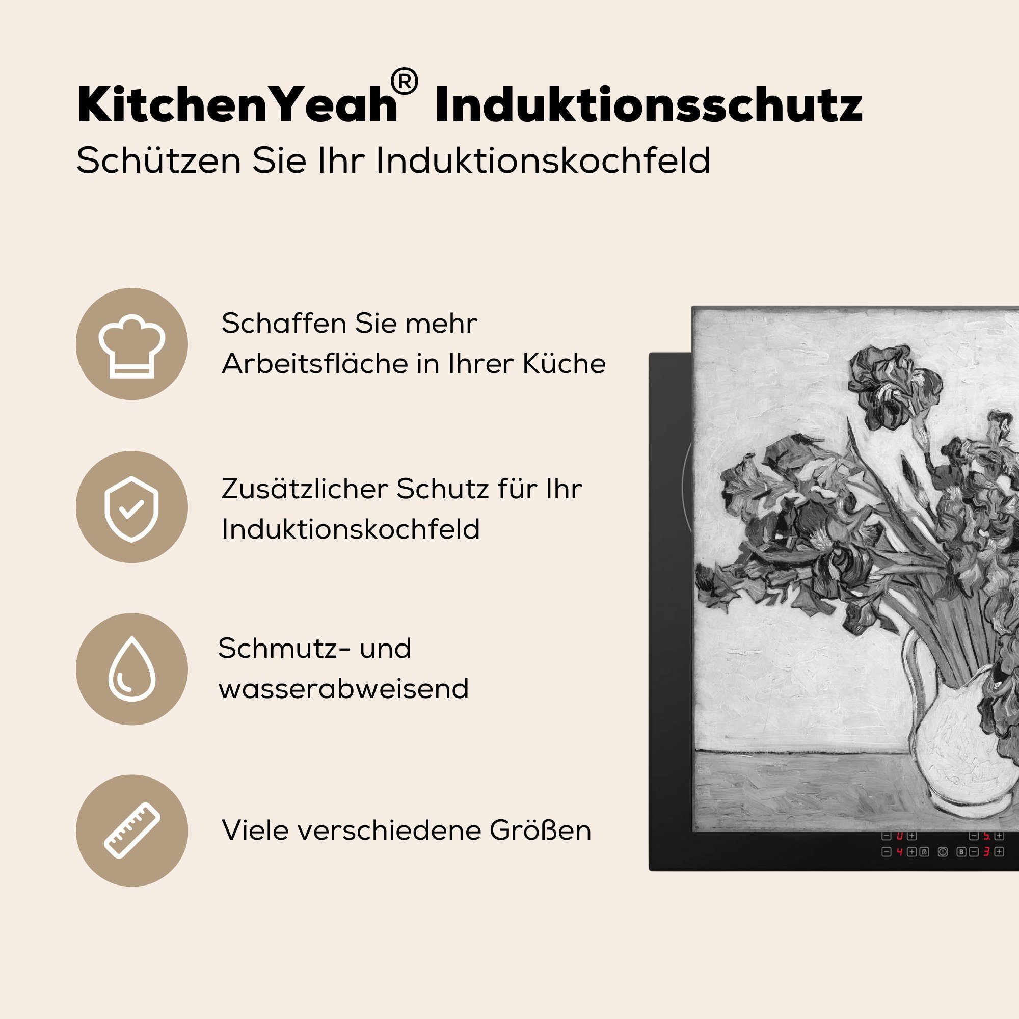 MuchoWow Herdblende-/Abdeckplatte Schwertlilien - cm, für Vincent Weiß, (1 - die Vinyl, van küche, Ceranfeldabdeckung Gogh Schwarz 59x52 Induktionsmatte - tlg)