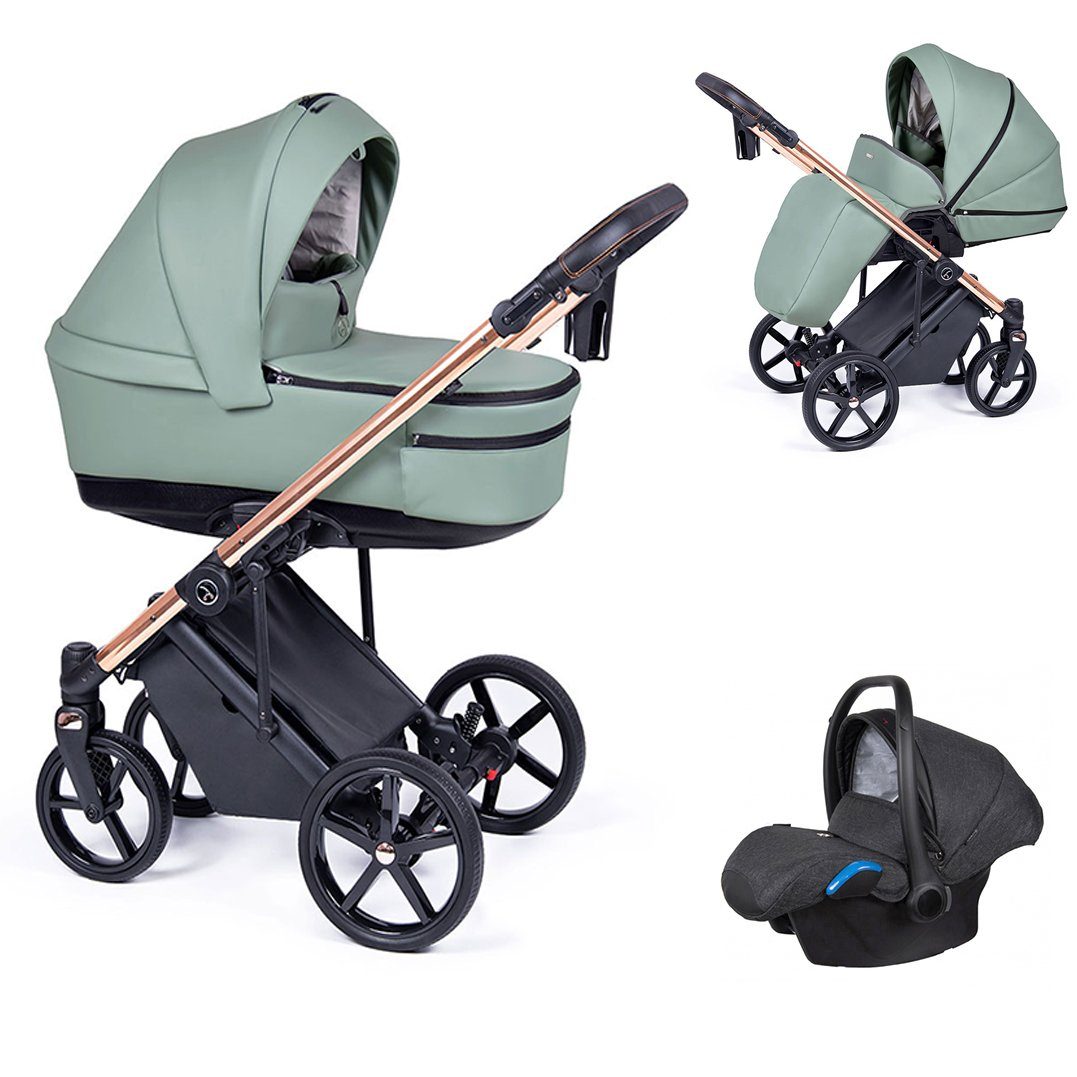 babies-on-wheels Kombi-Kinderwagen 3 in 1 Kinderwagen-Set Fado Eco - 15 Teile - in 21 Designs Grün = Gestell gold