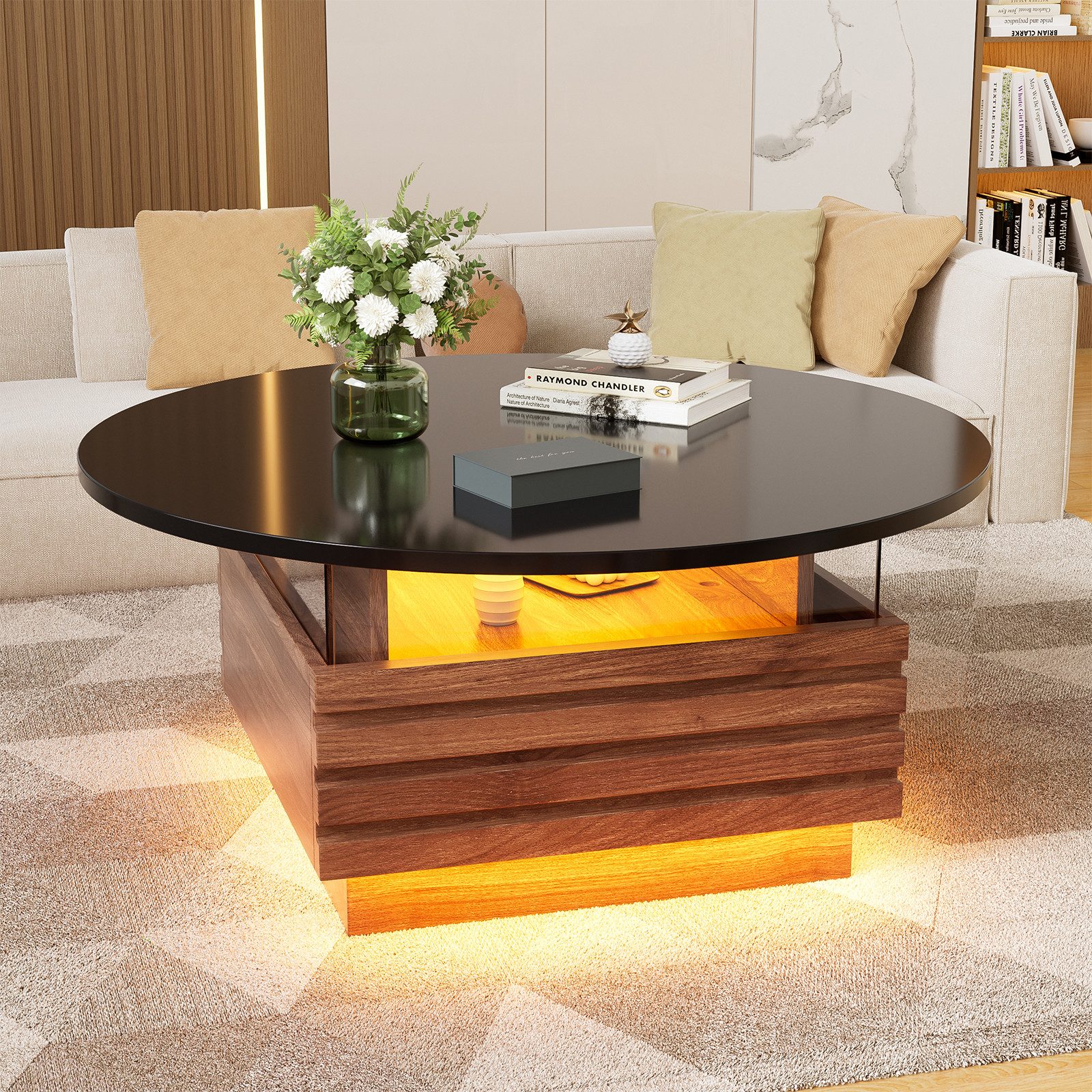 TWSOUL Couchtisch Rund Wohnzimmertisch Hochglanz mit 2 Schubladen und Stauraum Ø80x40cm, Sofatisch Beistelltisch mit LED inkl. APP, Holz&Glas-Seitenwand