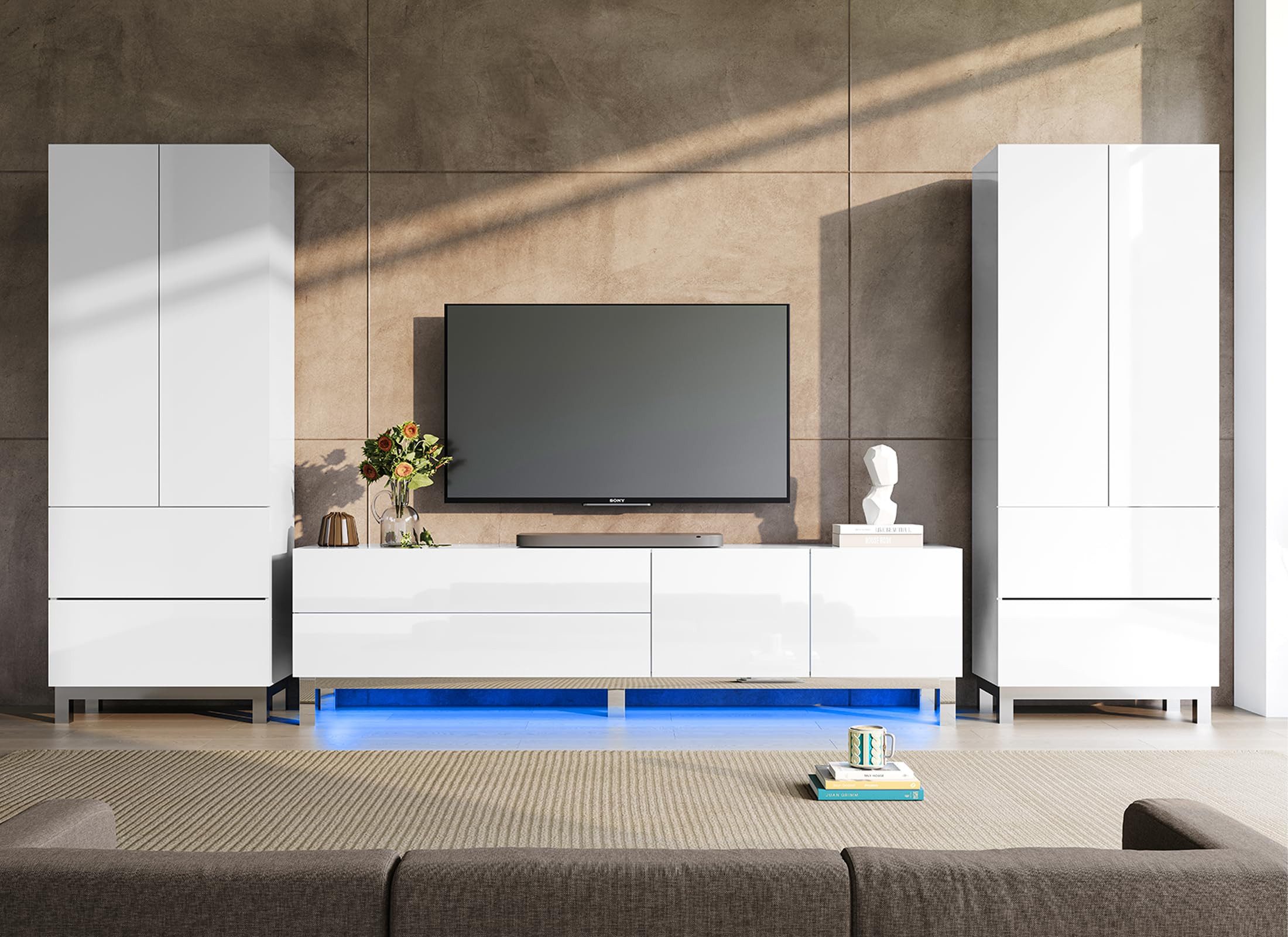 AMERLIFE Lowboard Hochglanz Weiß mit RGB LED, TV-Schrank 160x40x54,5 cm (1 St), für Fernseher bis 80 Zoll, verchromte Füße