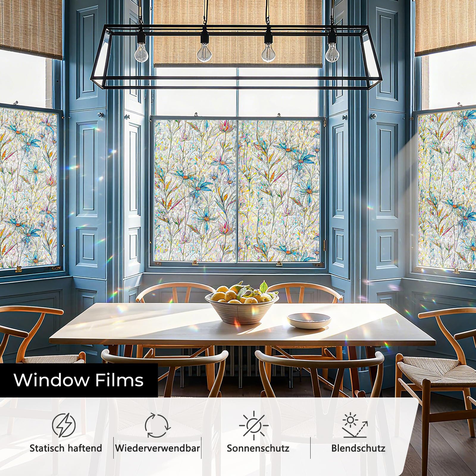 Diwzbyn Sonnenschutz-Fensterfolie Selbstklebend Statische Folie, Bunt Blickdichte Sichtschutzfolie, Bunte Blumen-Fensteraufkleber, Anti-UV Regenbogen Optik – Bild 4 von 5