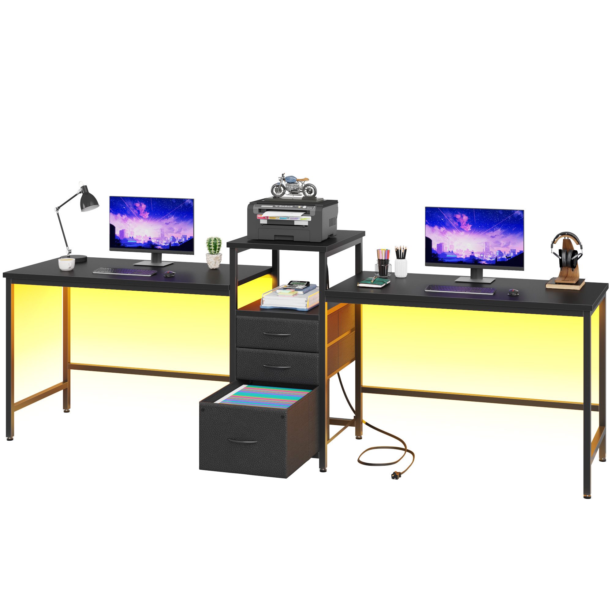 OYRREU Doppelschreibtisch mit LED-Beleuchtung, 3 Stoffschubladen, Computertisch, OTTO’S CHOICE (Bürotisch 2 in 1 Set, 2 Arbeitsplätze mit RGB-LED-Streifen, offenes Ablagefach), Breite 240cm, verstellbare Füße, integrierte Ladestation
