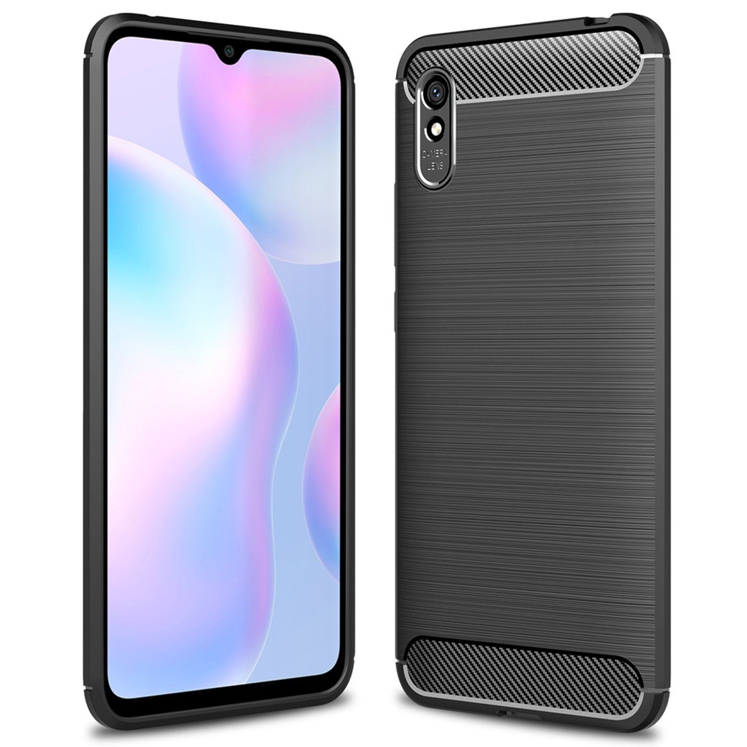Nalia Smartphone-Hülle Xiaomi Redmi 9A, Carbon Style Silikon Hülle / Matt Schwarz / Elegantes Business Cover
