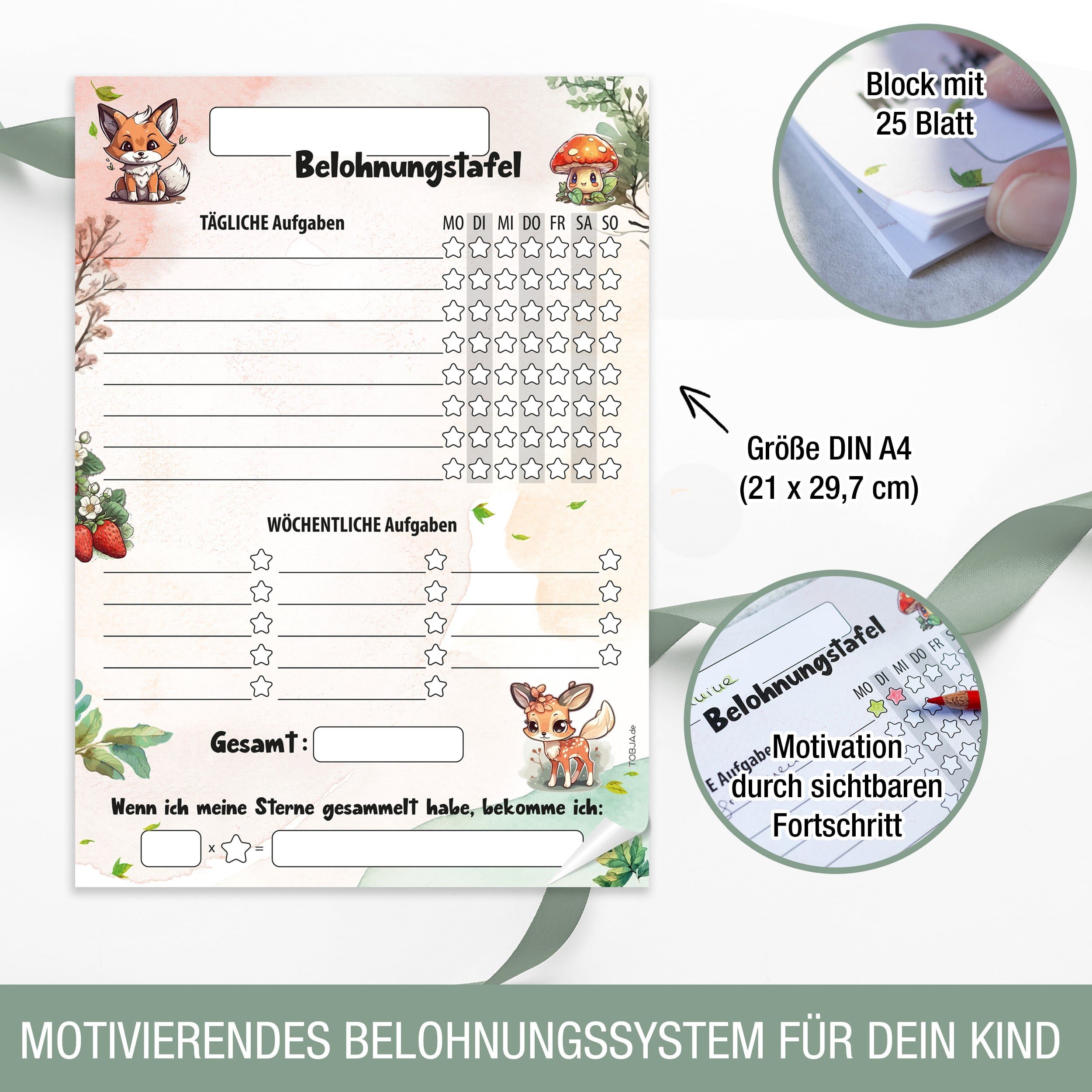 TOBJA Notizblock Belohnungstafel Kinder A4 Block Waldtiere, Motiviert Kinder ab 3 Belohnungssystem