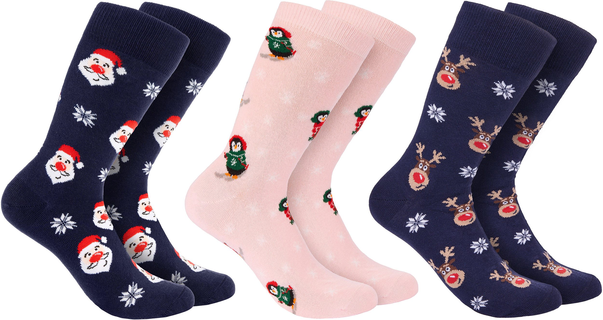 BRUBAKER Socken 3 Paar Weihnachtssocken - Lustige Socken für Damen und Herren (mit Weihnachtsmotiven, 3-Paar, Baumwollsocken -Pinguine, Rentier und Weihnachtsmann) - Rosa und Blau - Geschenk Weihnachten