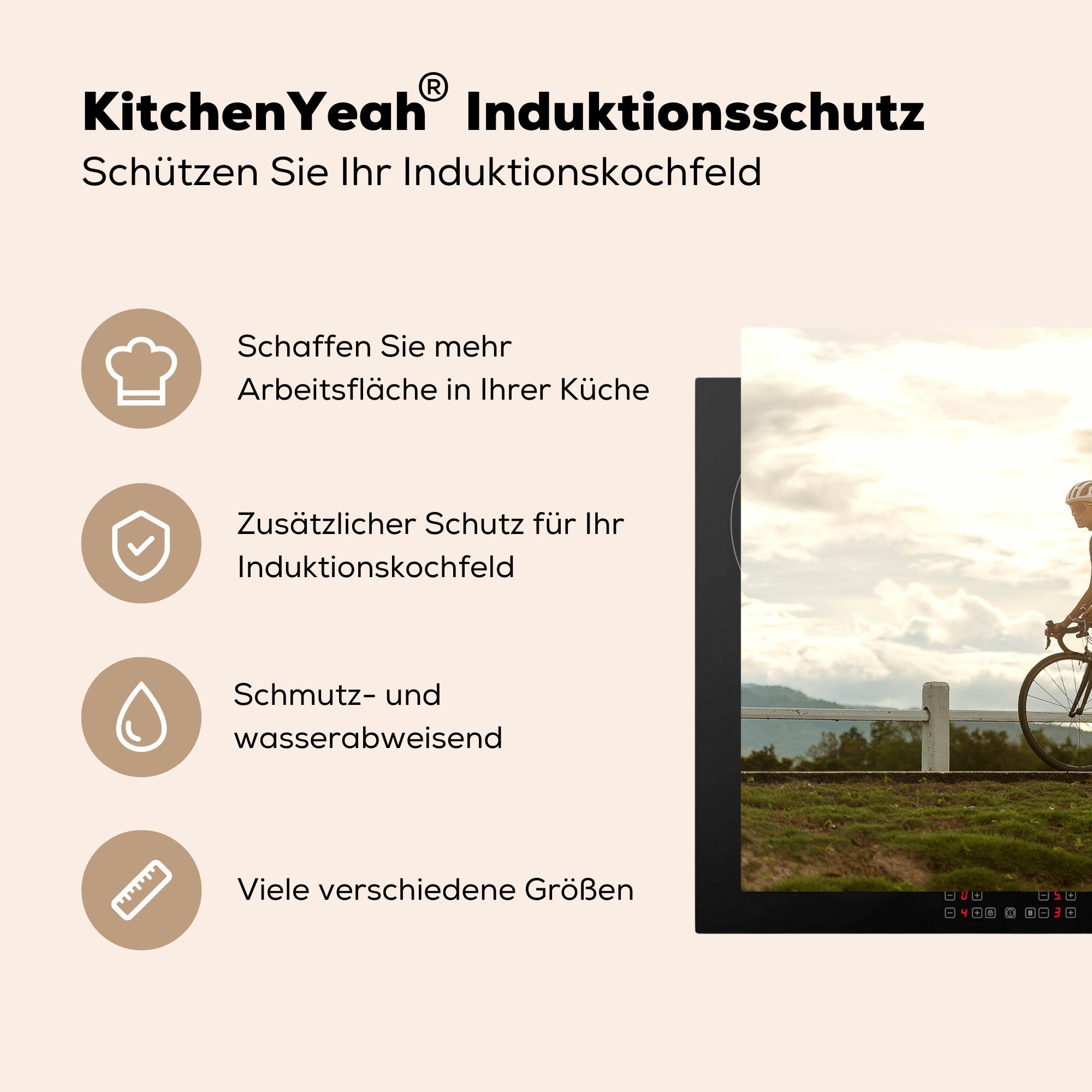 MuchoWow Herdblende-/Abdeckplatte Radfahren - Gras - (1 Fahrrad, küche, cm, Schutz 81x52 für Ceranfeldabdeckung die Vinyl, tlg), Induktionskochfeld
