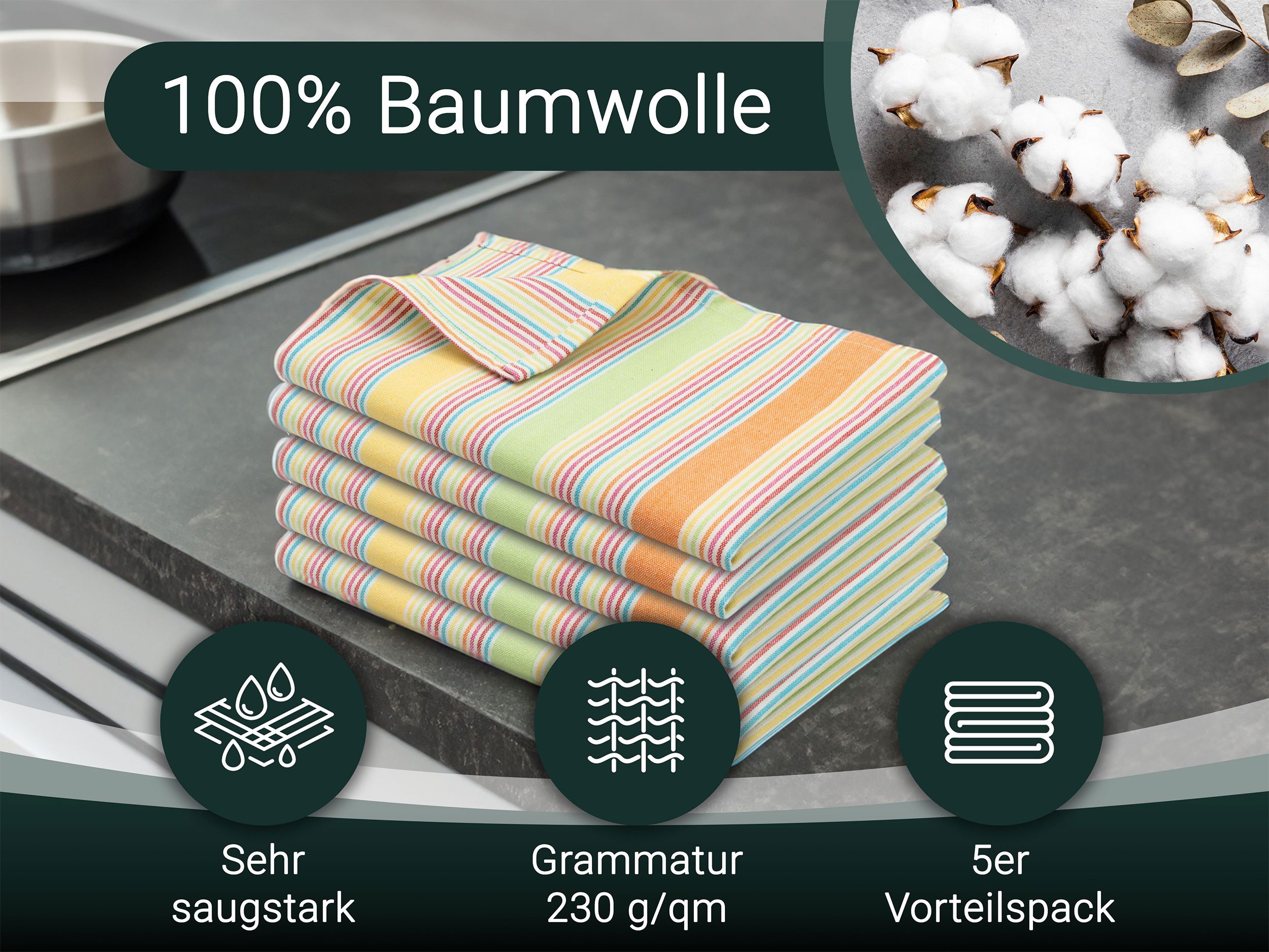 ZOLLNER Geschirrtuch, (Set, 5-tlg), 50 x 70 cm, 100% Baumwolle, vom Hotelwäschespezialisten