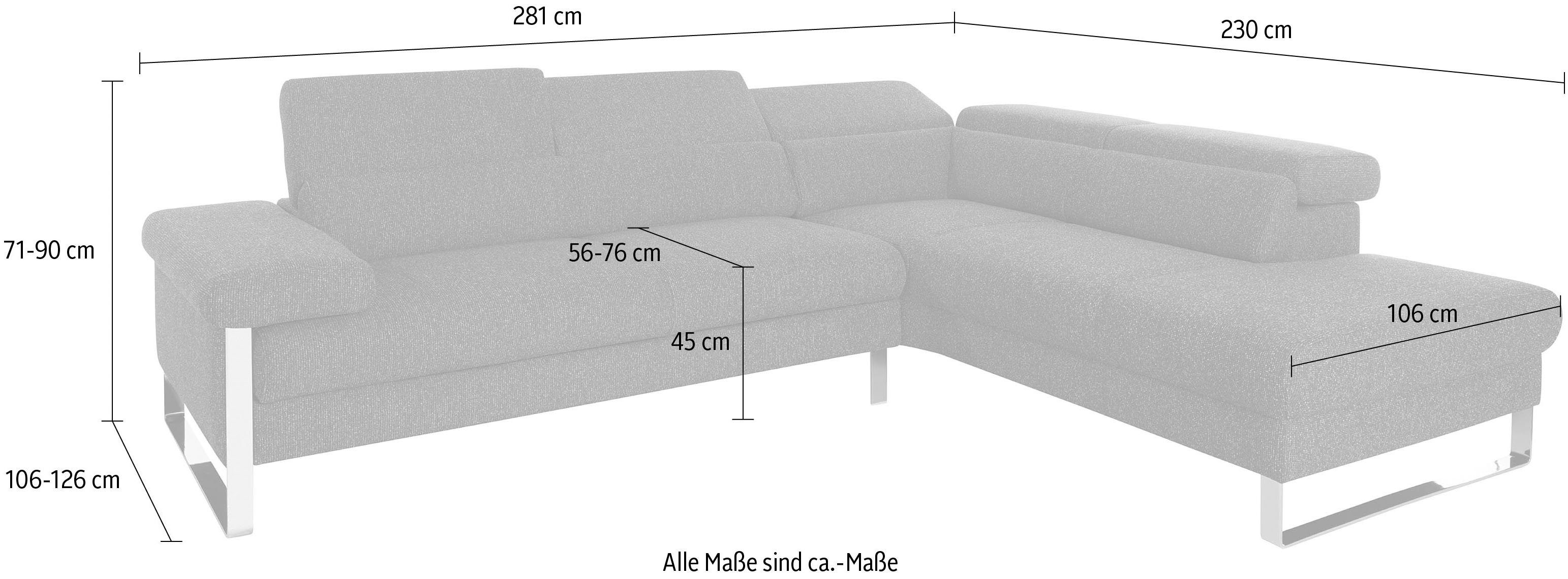 281 finn, W.SCHILLIG German Chrom Breite Design glänzend, Ecksofa Award 2016, cm Fußgestell