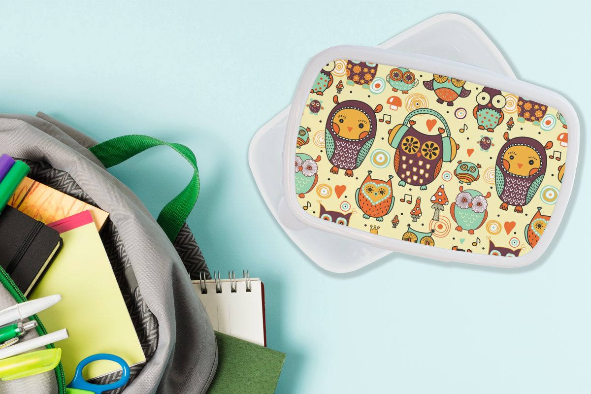 für - - (2-tlg), Eule Brotbox Kinder weiß Muster, und Kopfhörer Brotdose, Lunchbox Kunststoff, und Jungs Erwachsene, Mädchen MuchoWow für