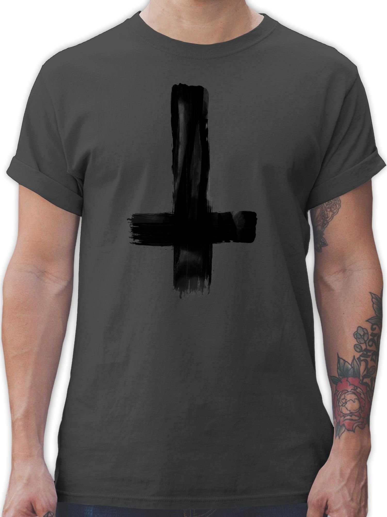 Outfit Kreuz Vintage T-Shirt Umgedrehtes Shirtracer Dunkelgrau und 2 Symbol Zeichen