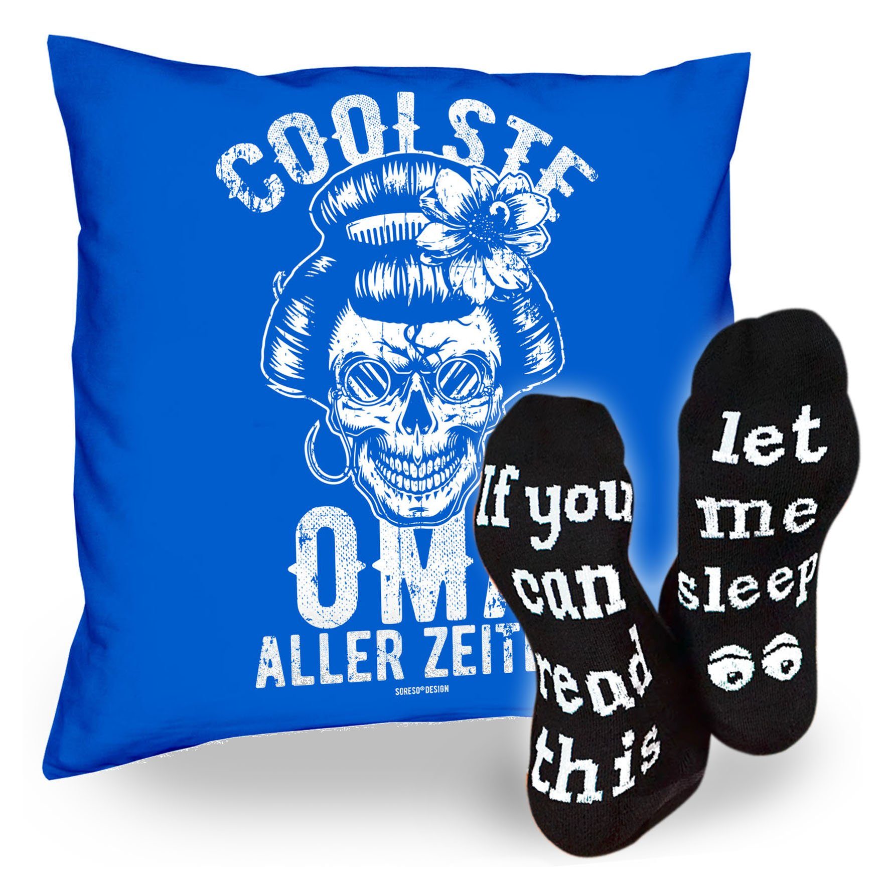 Kissen Oma royal-blau Sleep, Soreso® Dekokissen Muttertagsgeschenk Coolste Sprüche Socken Omatag aller Zeiten Oma &