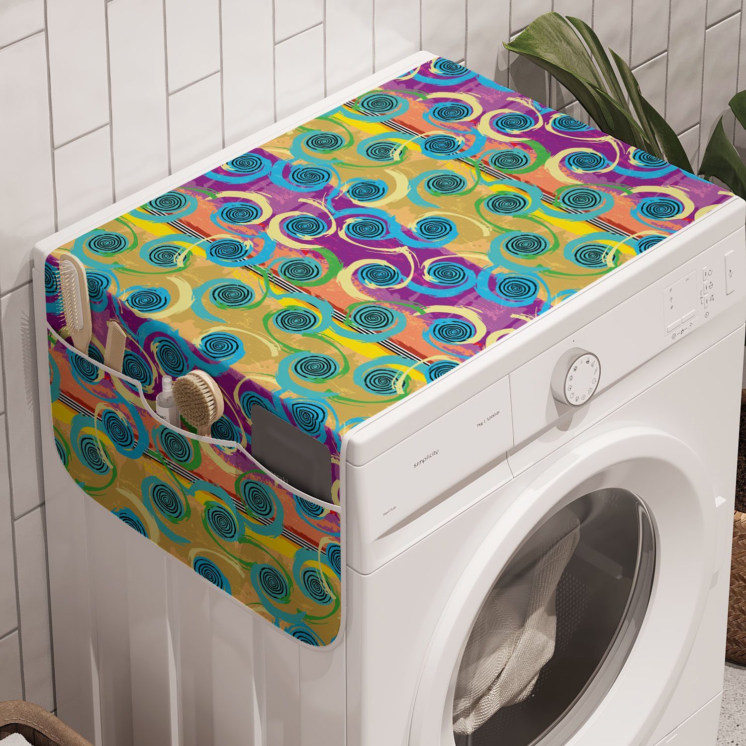 Abakuhaus Badorganizer Anti-Rutsch-Stoffabdeckung für Waschmaschine und Trockner, Abstract Wirbelnde Kreise Grunge