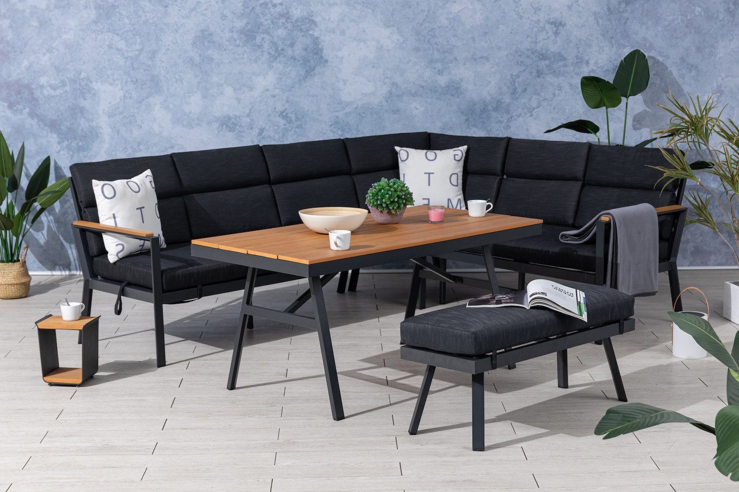 Gardissimo Gartenlounge-Set Nara rechts / Gartenmöbelset / Nonwood / Dining Lounge Set outdoor, (Set, 3-tlg., Alu, Ecklounge, Esstisch, Bank, inkl. Auflagen), Liegefunktion