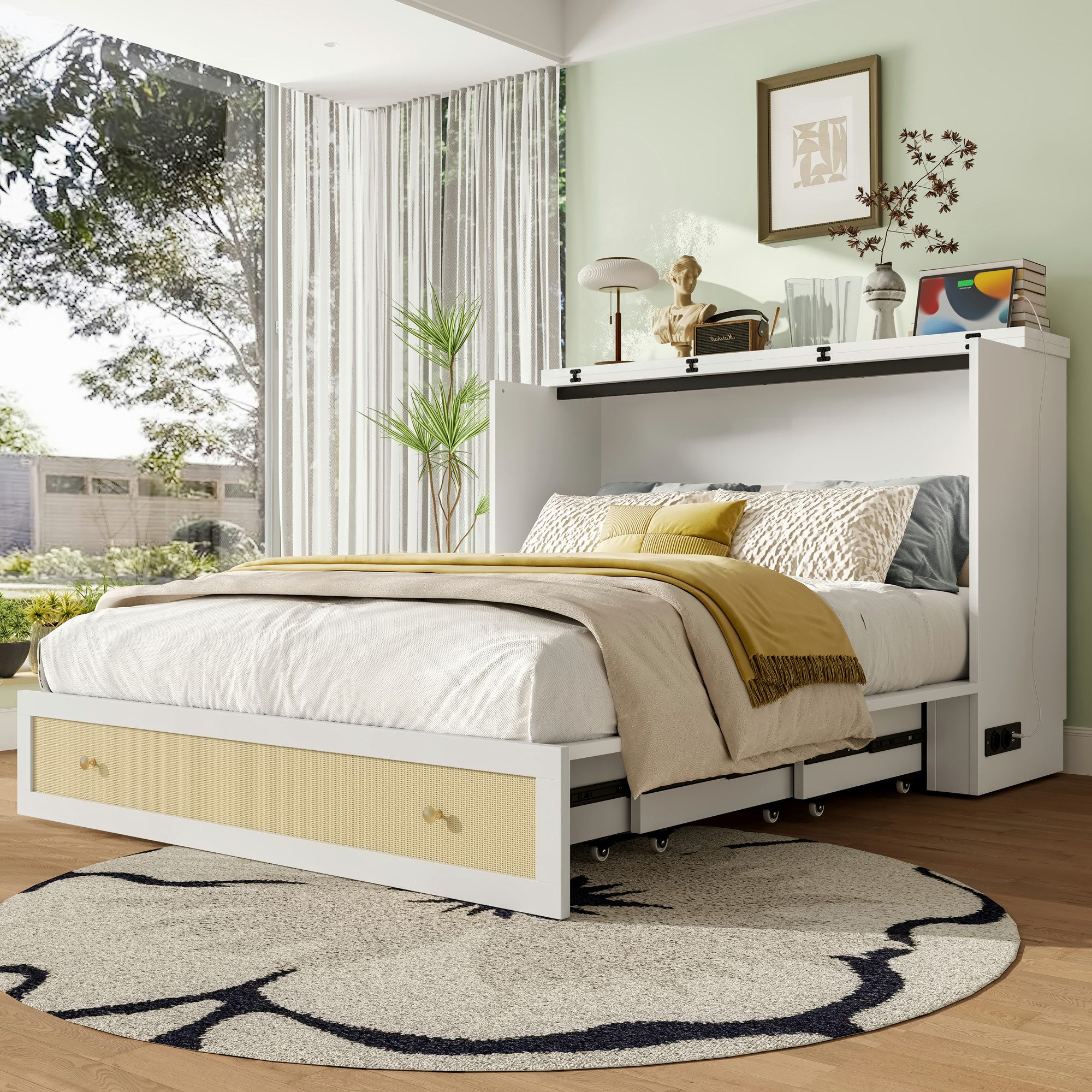 Merax Schrankbett 140x200cm mit USB- & Steckdosenanschluss (ohne Matratze, 1-St., mobil & platzsparend) umbaubares Plattformbett Wandklappbett mit Schublade,Reg – Bild 3 von 5